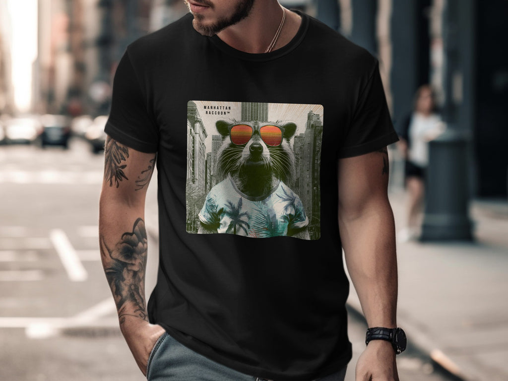 T-shirt featuring a raccoon wearing sunglasses and a palm tree shirt.