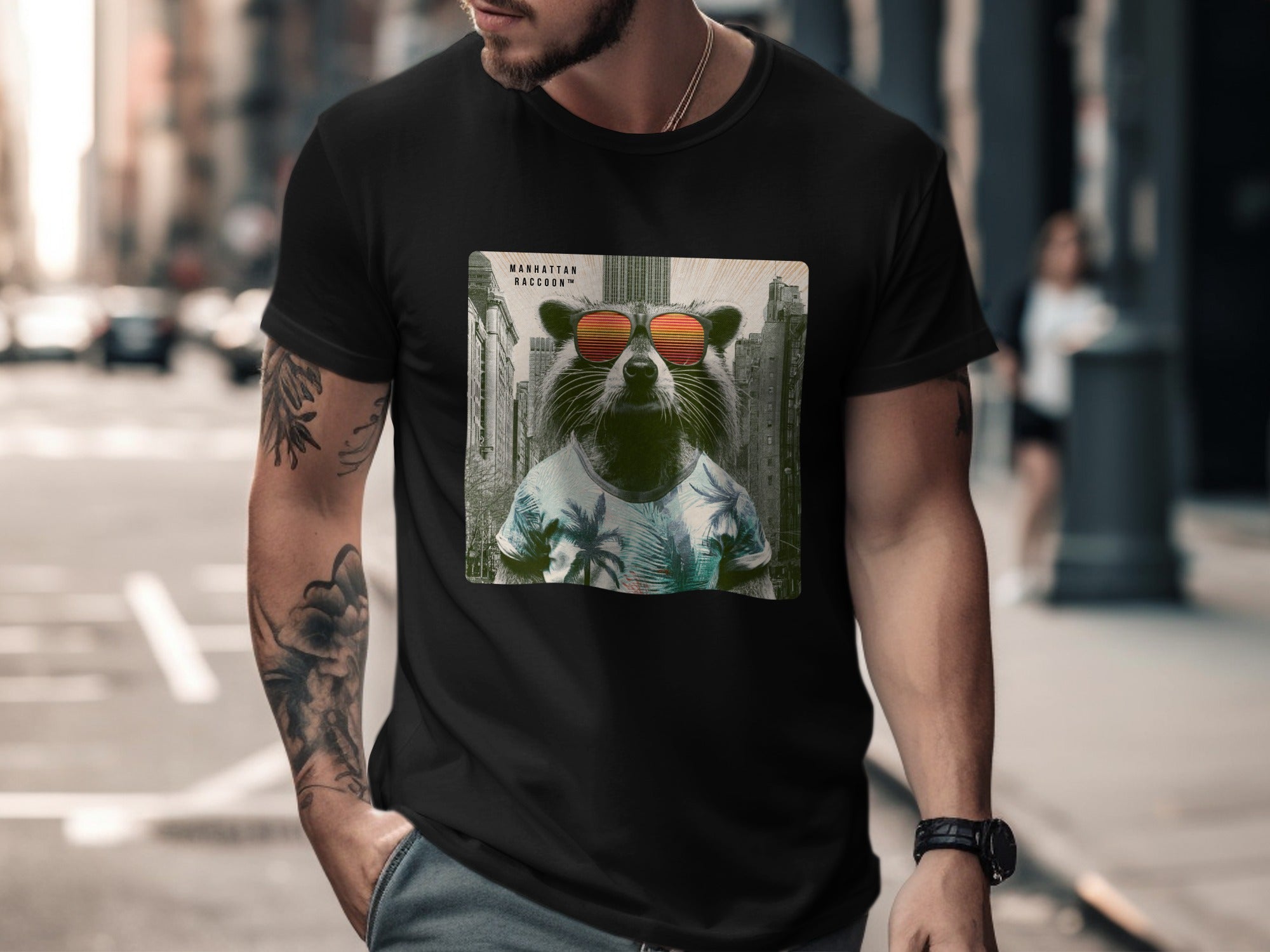 T-shirt featuring a raccoon wearing sunglasses and a palm tree shirt.