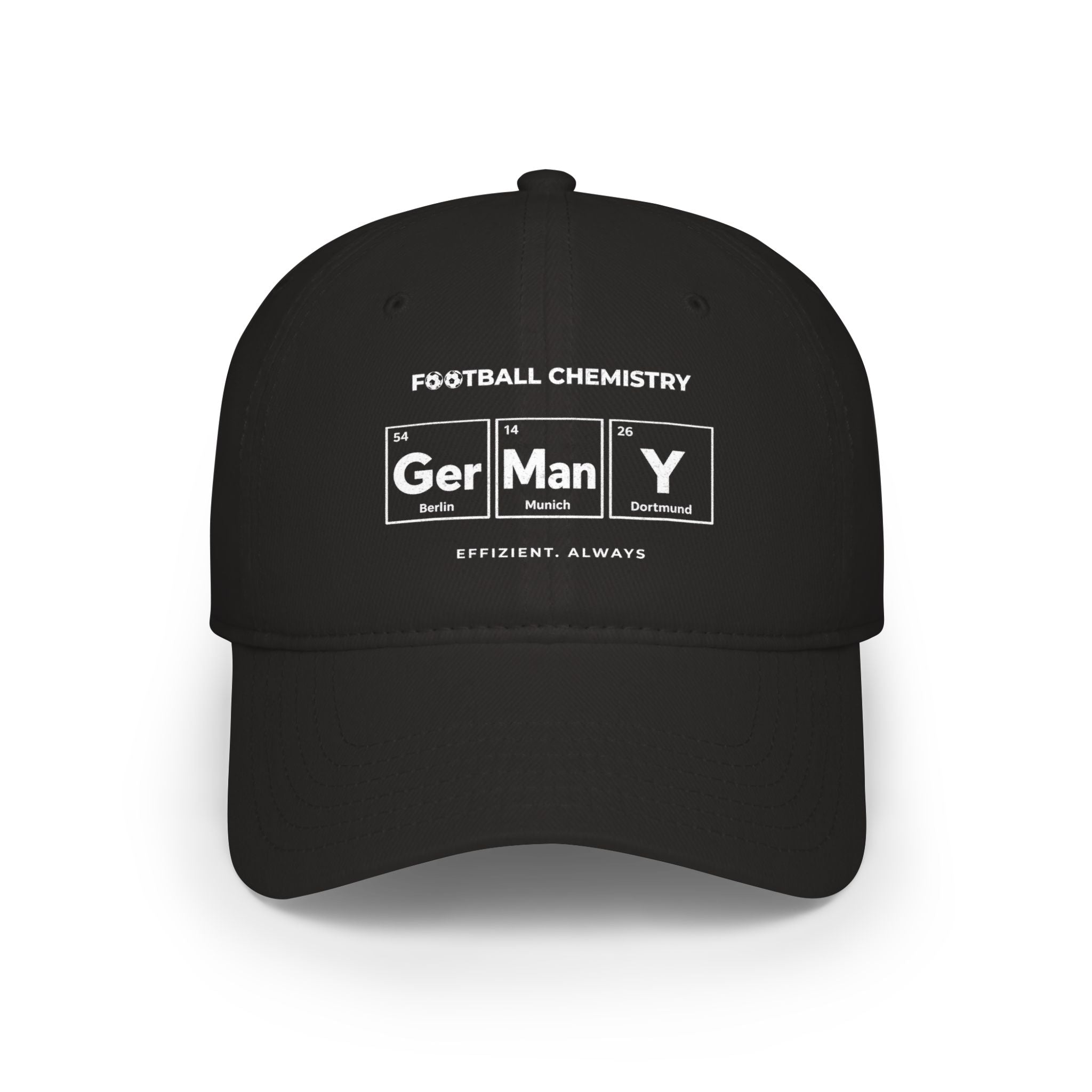 Black baseball cap with "FOOTBALL CHEMISTRY" and periodic table elements "Ger" and "Mun Y".