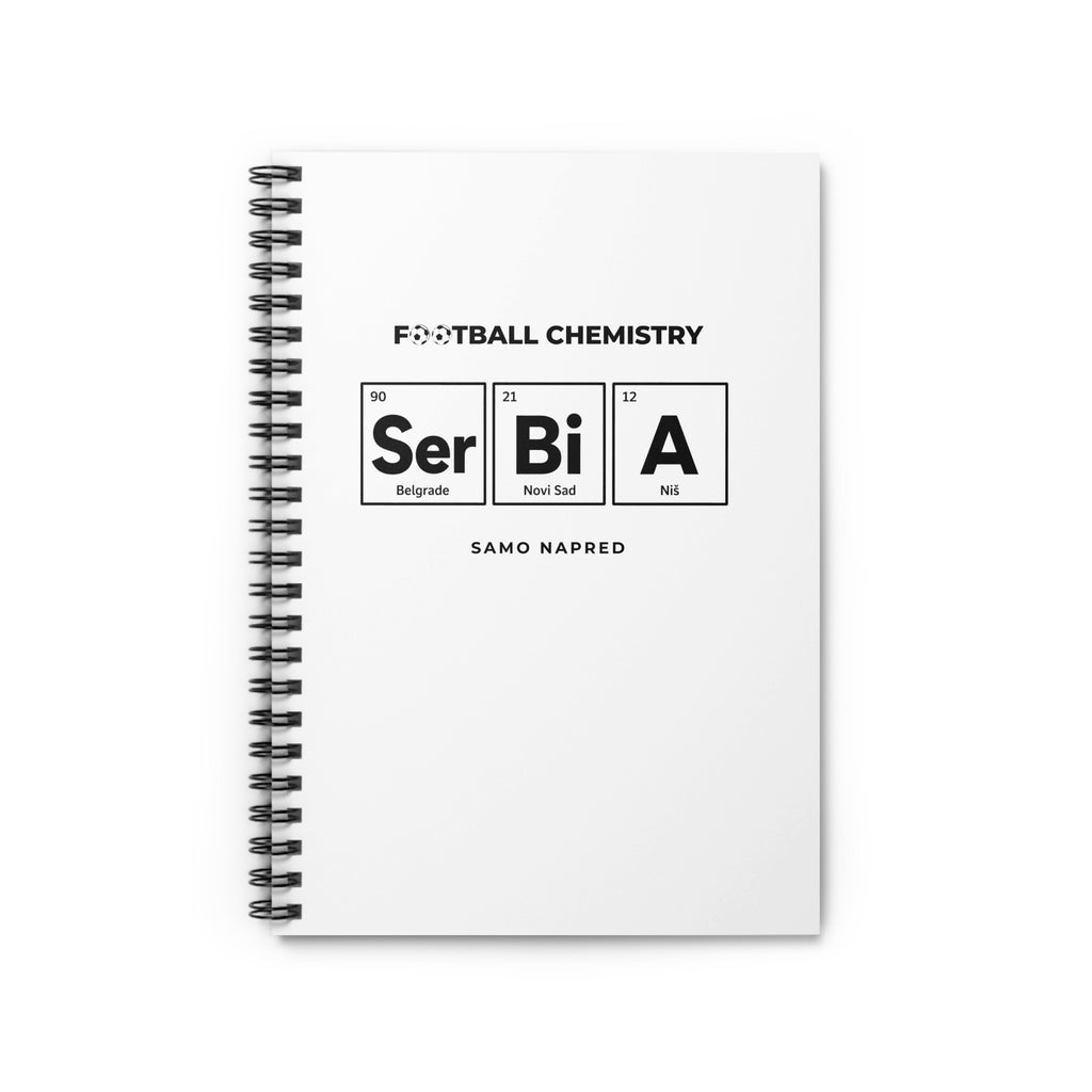 Notebook with "Football Chemistry" and periodic table elements for Belgrade, Novi Sad, and Niš.