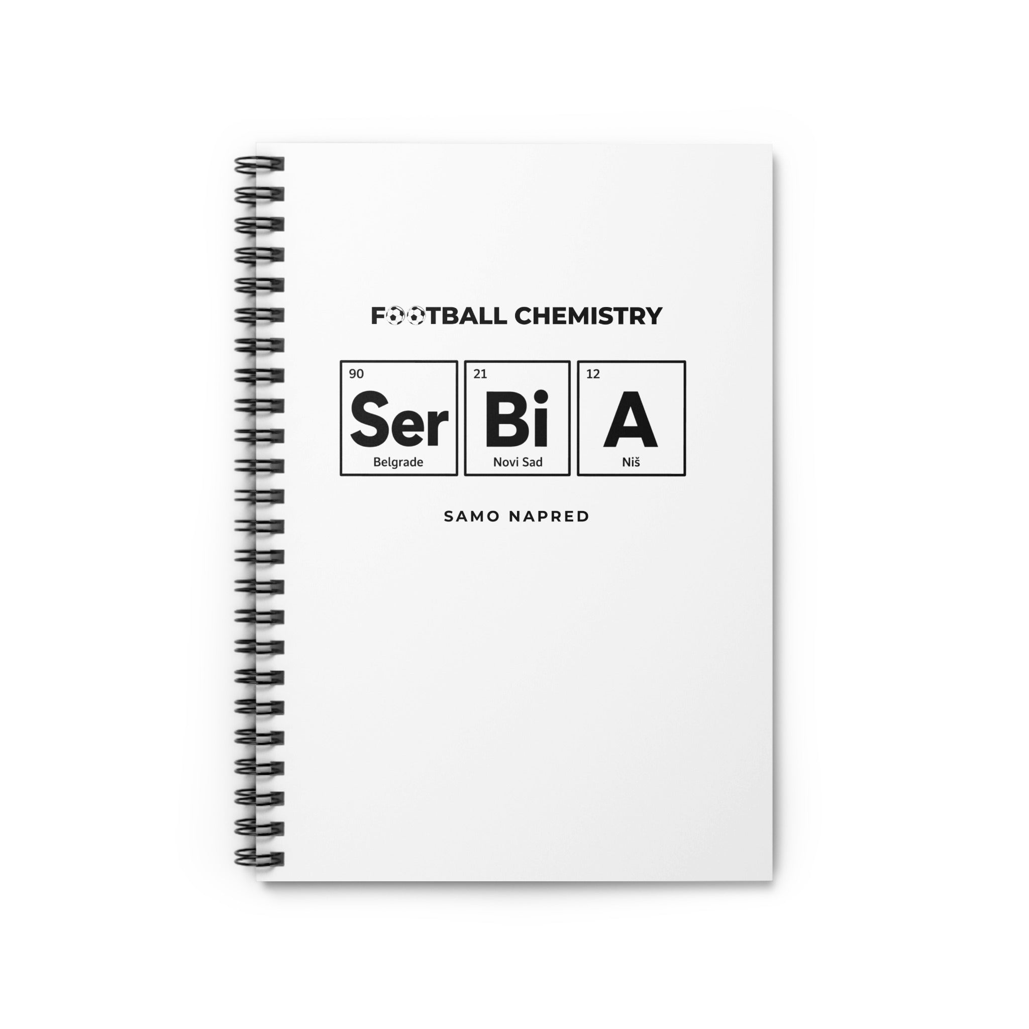 Notebook with "Football Chemistry" and periodic table elements for Belgrade, Novi Sad, and Niš.