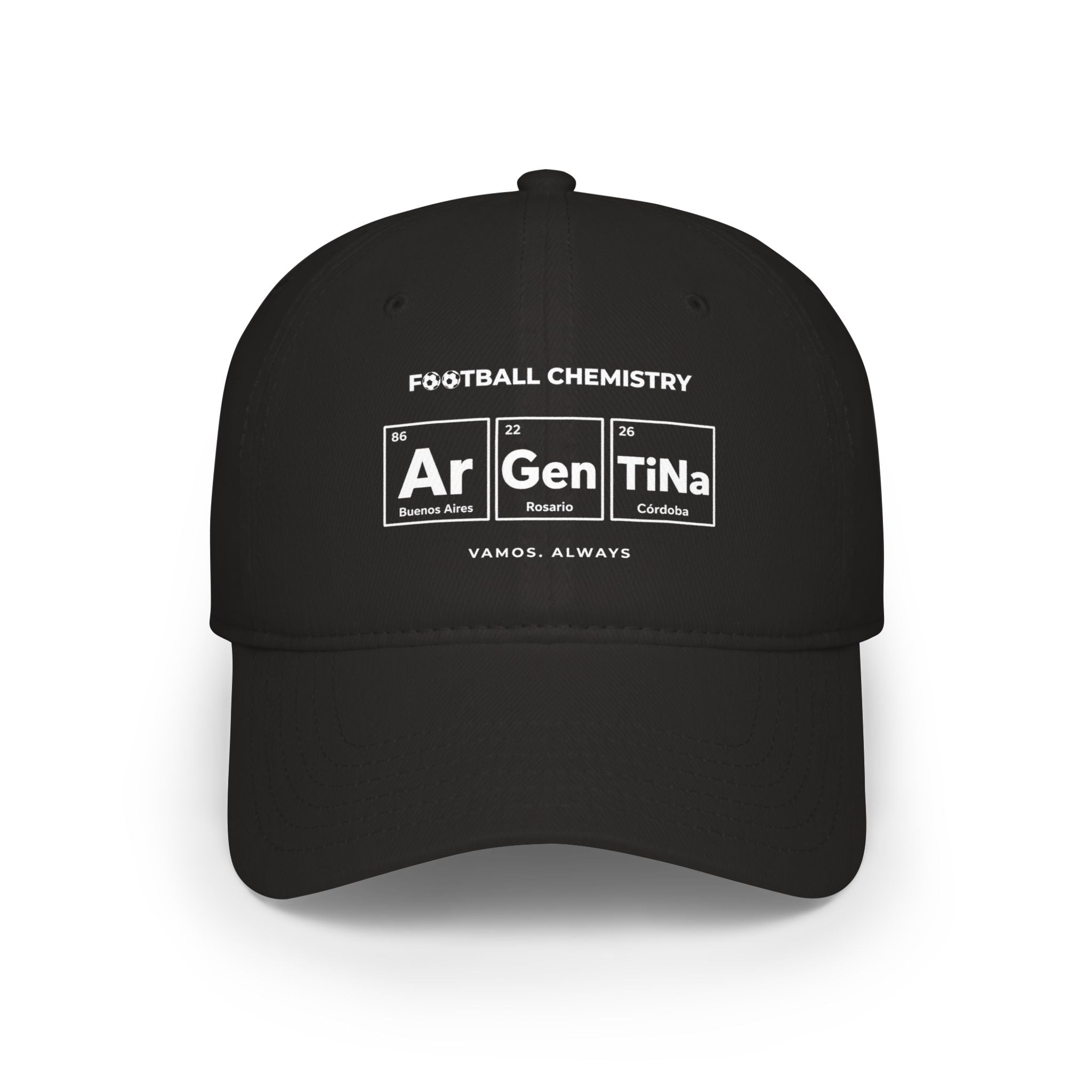 Black baseball cap with "FOOTBALL CHEMISTRY" and periodic table elements spelling "Argentina".