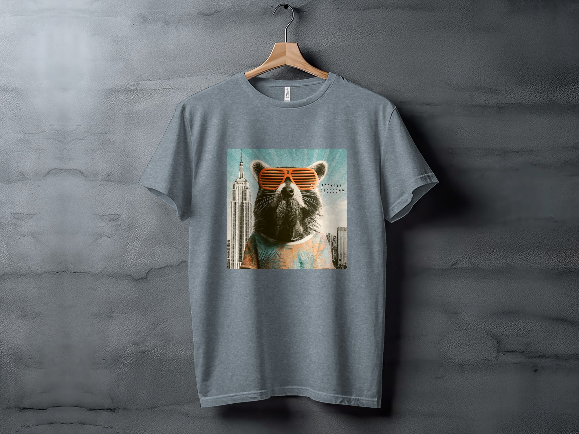 Grey t-shirt with a graphic of a raccoon wearing sunglasses in front of the Empire State Building.