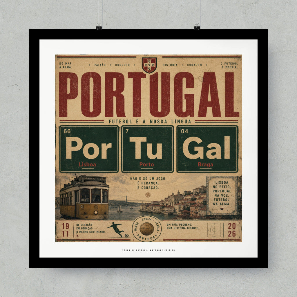 Portugal football poster with vintage tram, text "Portugal Futebol É A Nossa Língua".
