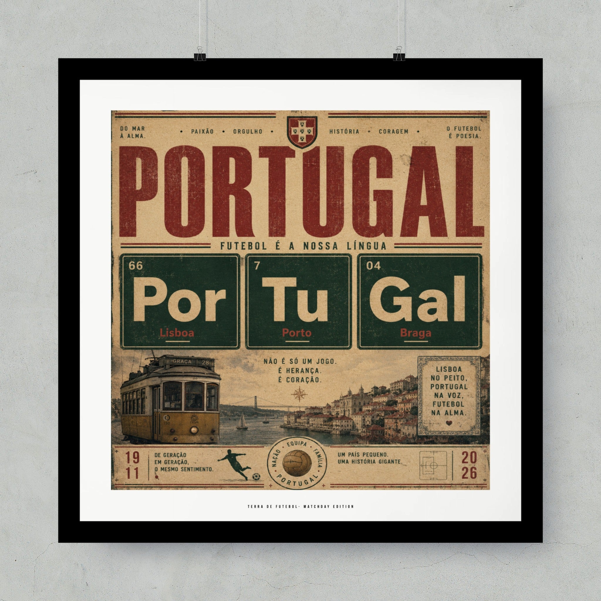 Portugal football poster with vintage tram, text "Portugal Futebol É A Nossa Língua".