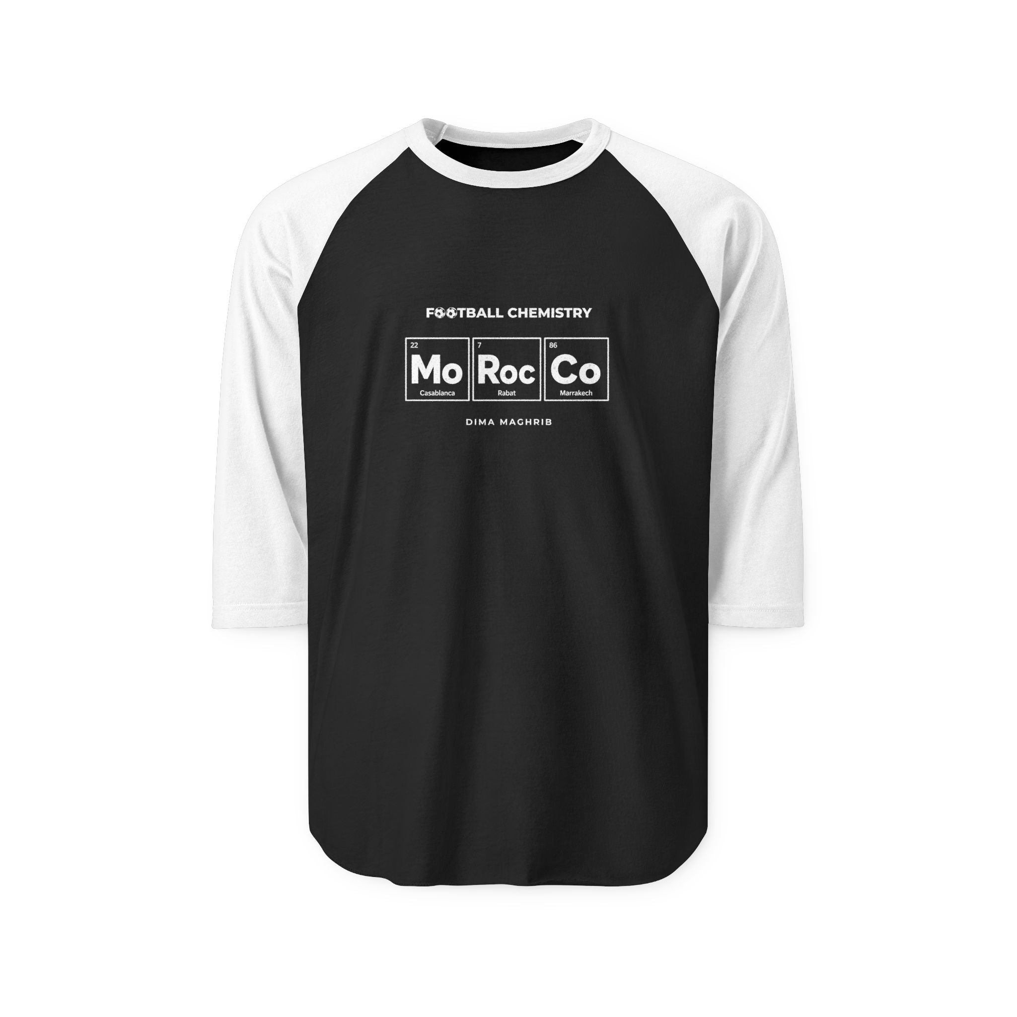 Raglan t-shirt with "Mo Roc Co" in periodic table style, Casablanca, Rabat, Marrakech.
