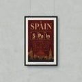 Spain soccer poster featuring cities, football, art, intelligence, and locations.