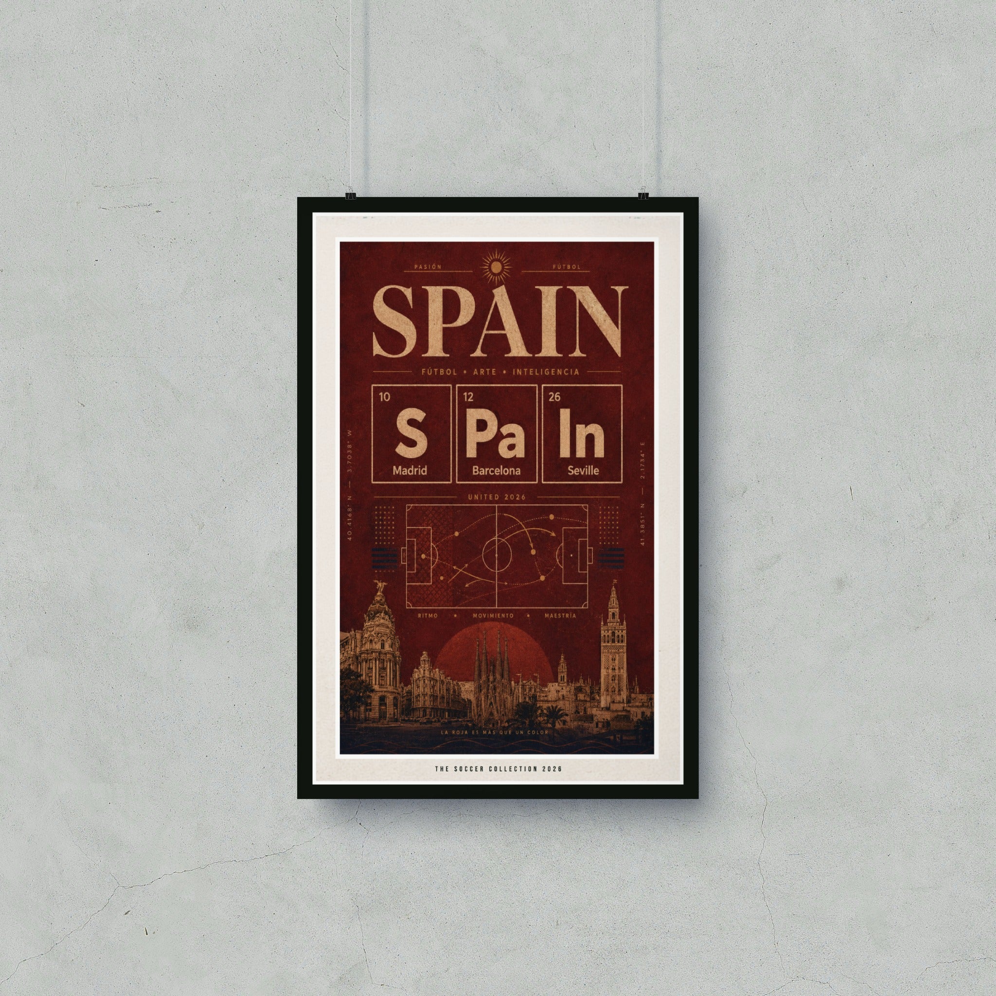 Spain soccer poster featuring cities, football, art, intelligence, and locations.