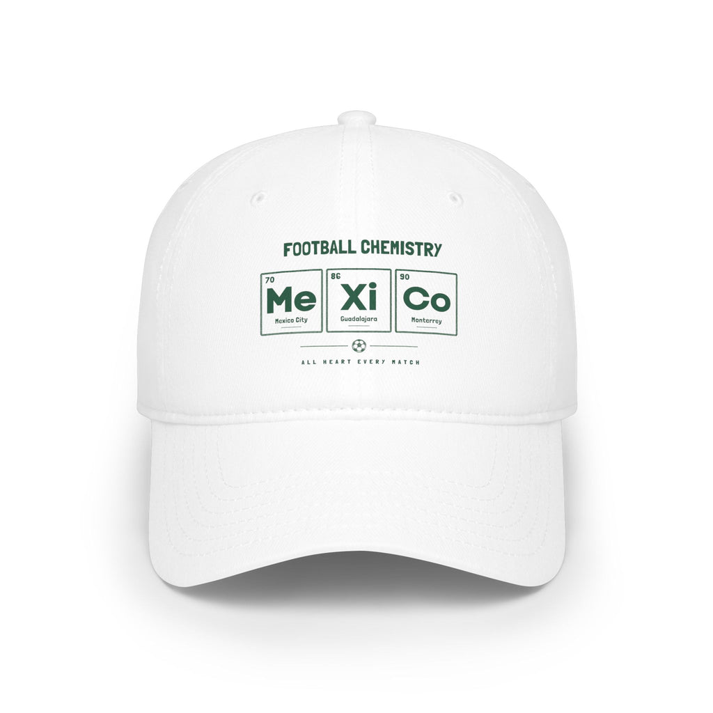 White baseball cap with "Football Chemistry" and periodic table elements.