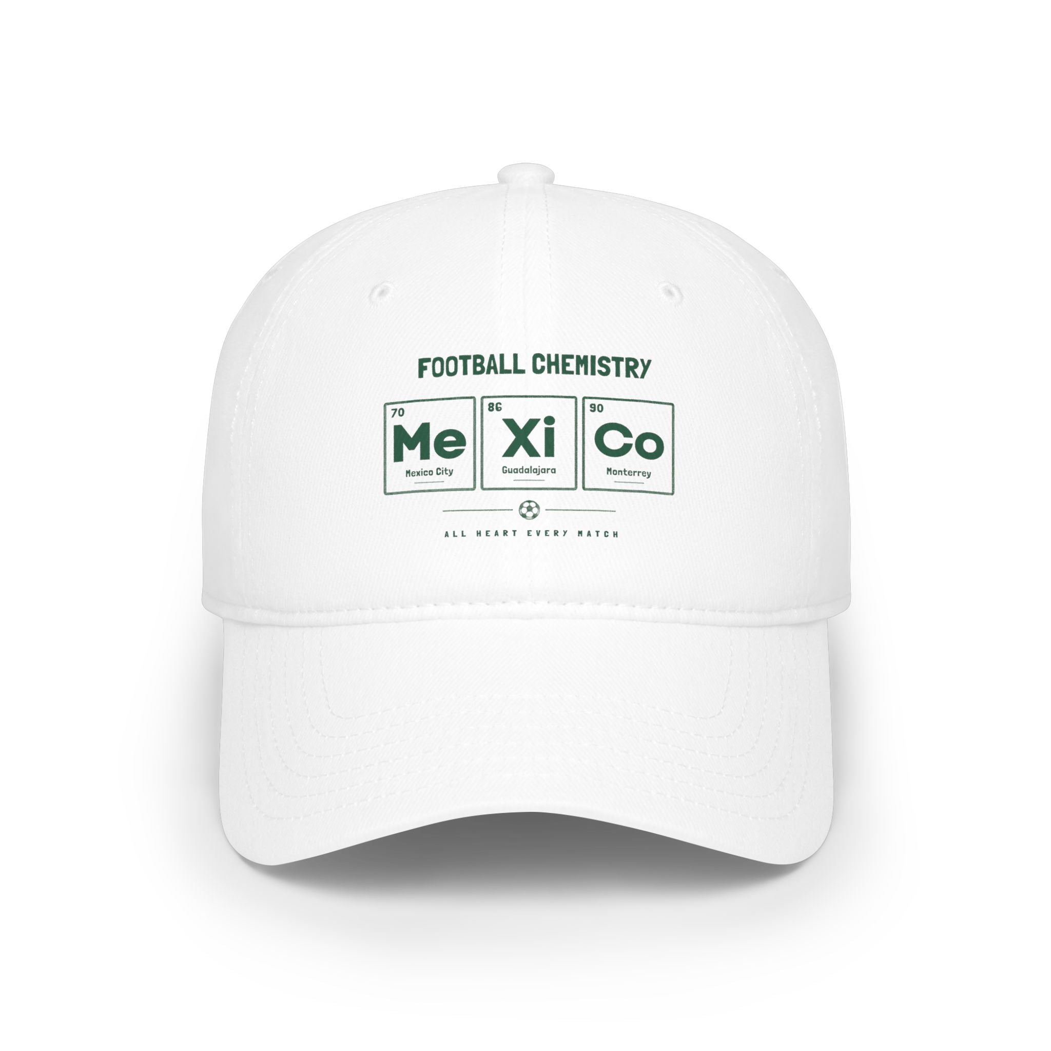 White baseball cap with "Football Chemistry" and periodic table elements.