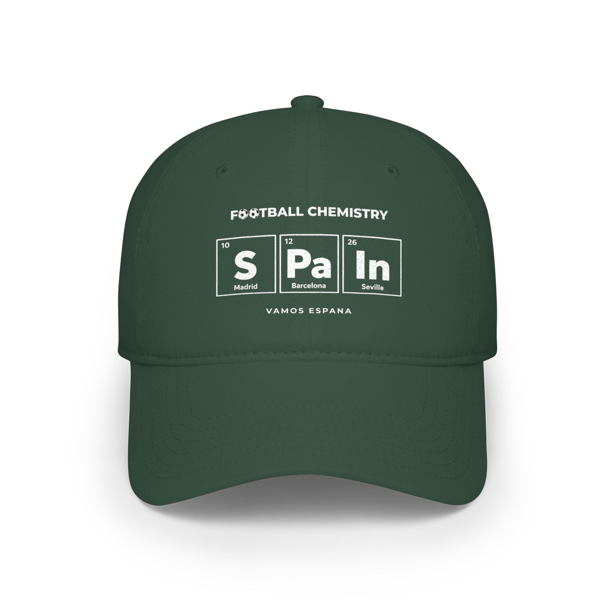Dark green baseball cap with "Football Chemistry" and "Spain" in periodic table style.