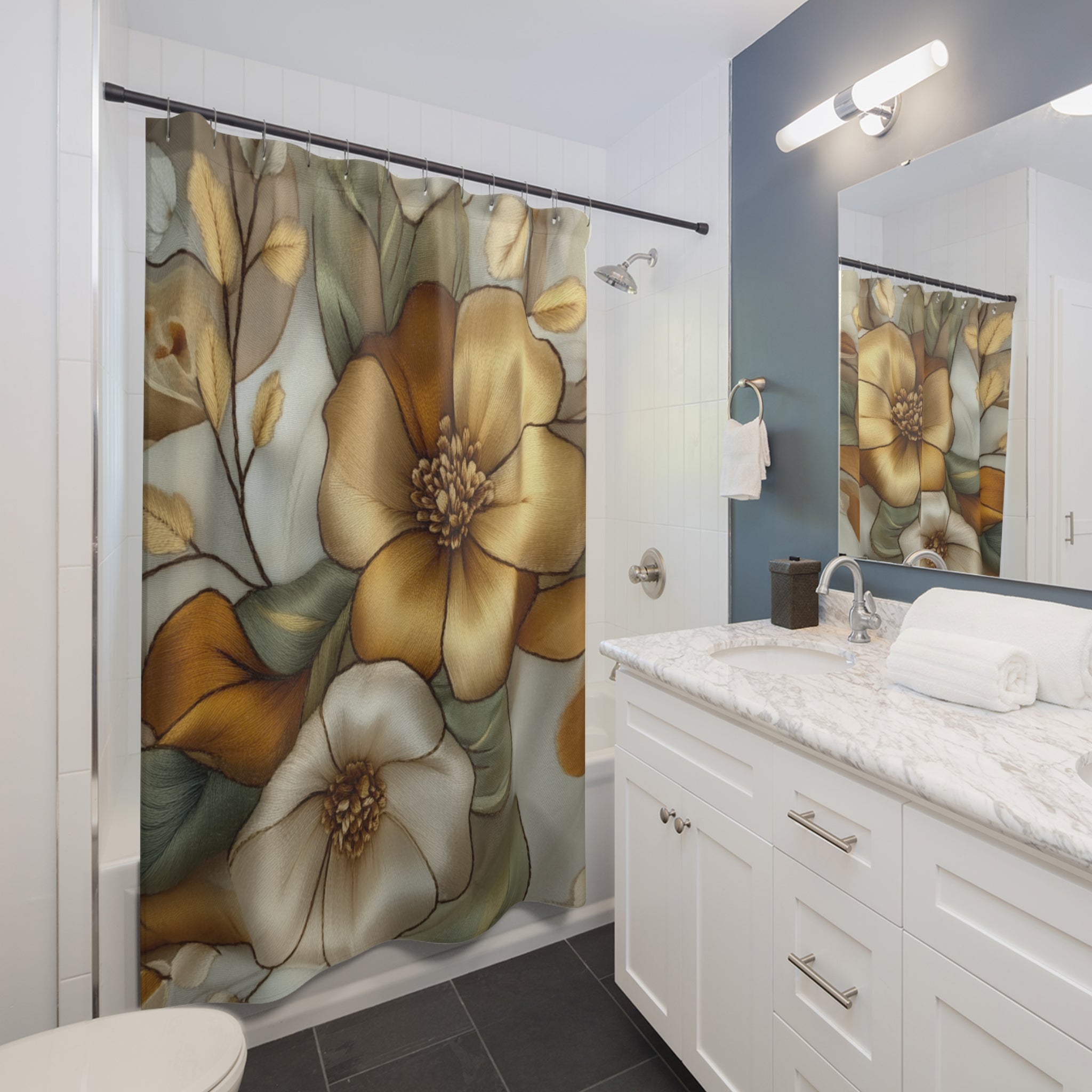Golden Bloom Shower Curtain - 3D Embroidery-Style Botanical Shower Curtain motivational design