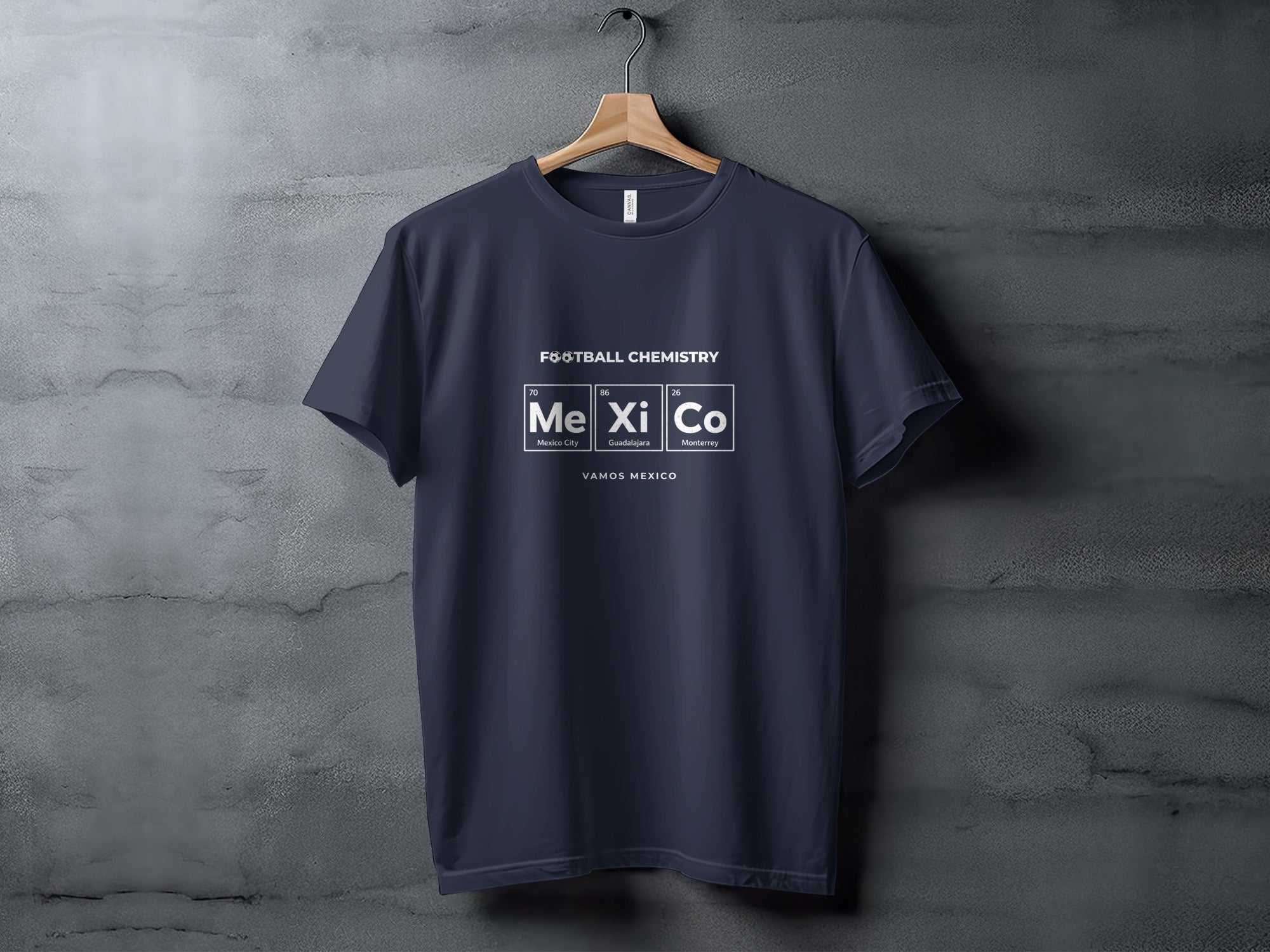 Navy t-shirt with "Football Chemistry" and a periodic table design.