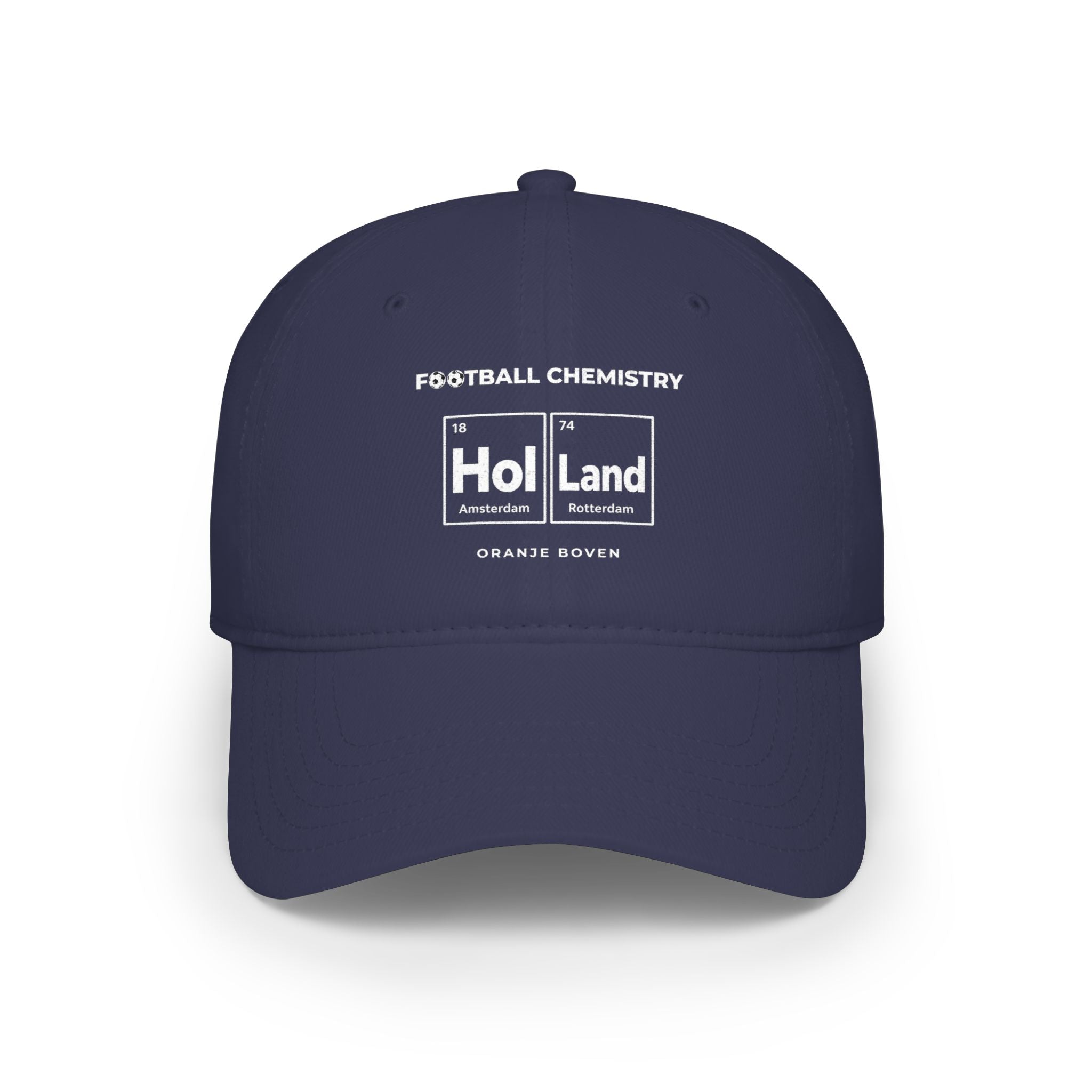 Navy blue baseball cap with "Football Chemistry Hol Land" and city names.