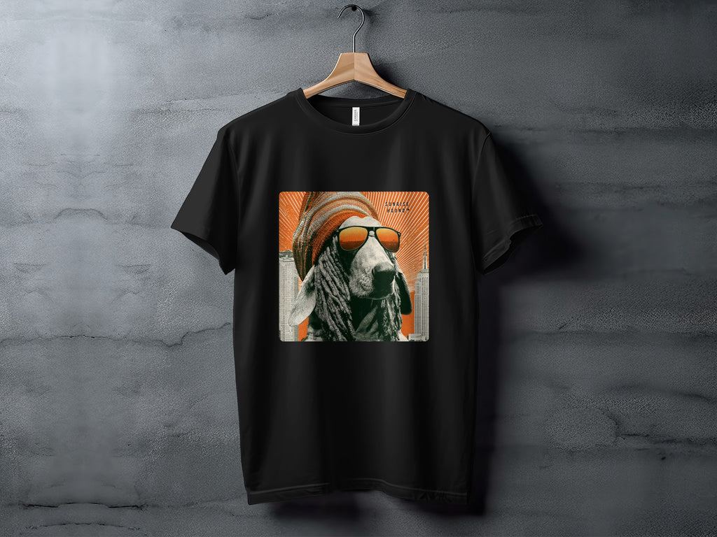 Black t-shirt with graphic of a sheep wearing sunglasses and a beanie.