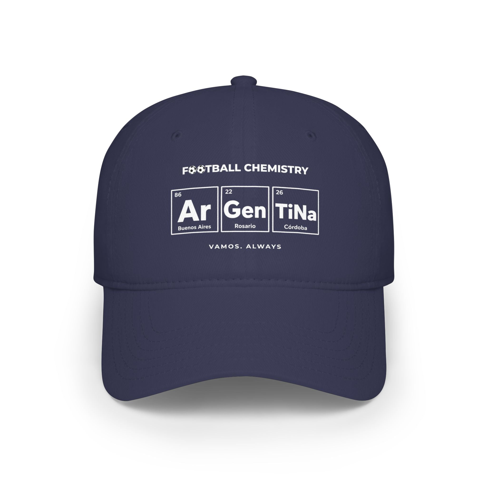 Navy blue cap with "FOOTBALL CHEMISTRY Ar Gen TiNa" and city names.