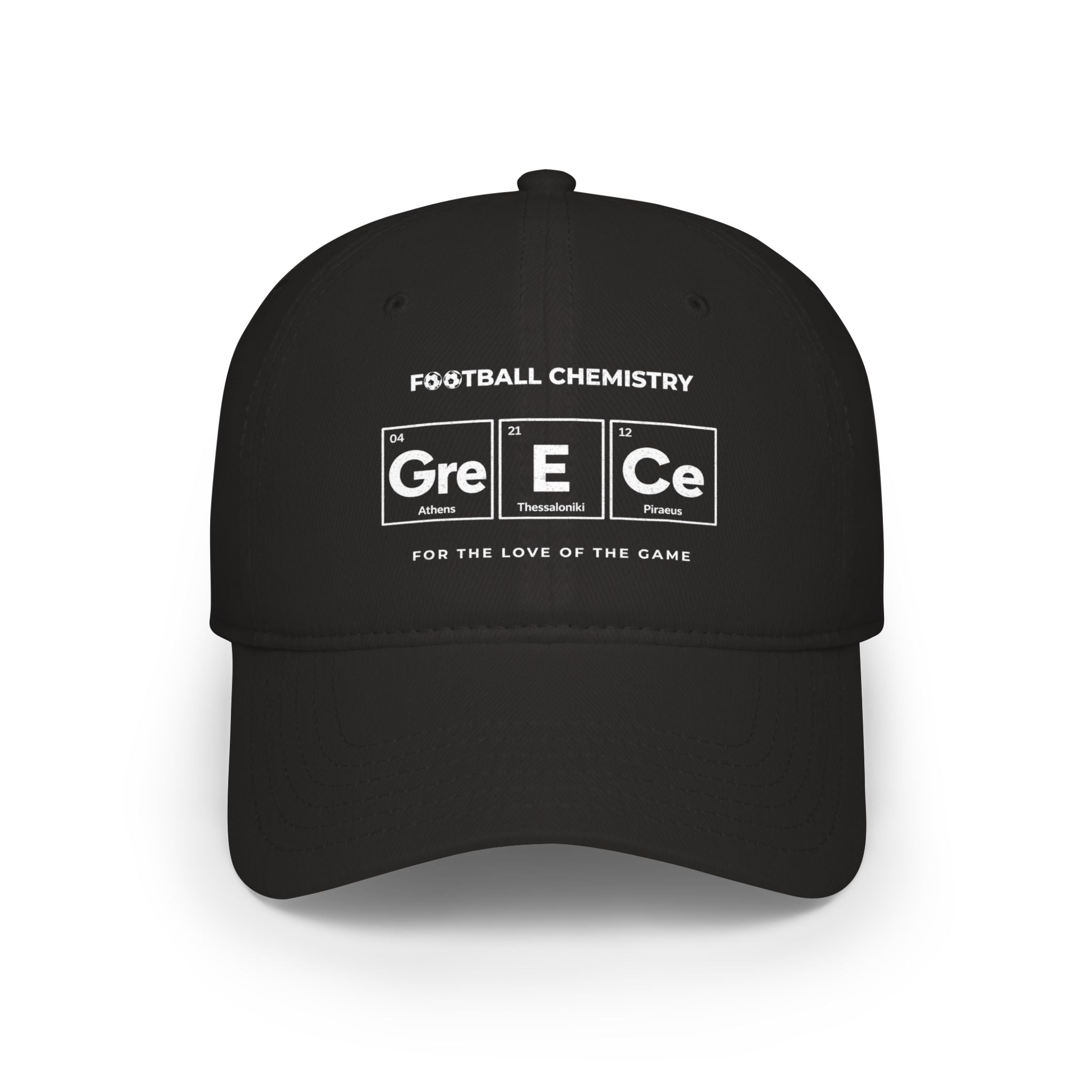 Black baseball cap with "Football Chemistry" and periodic table design.