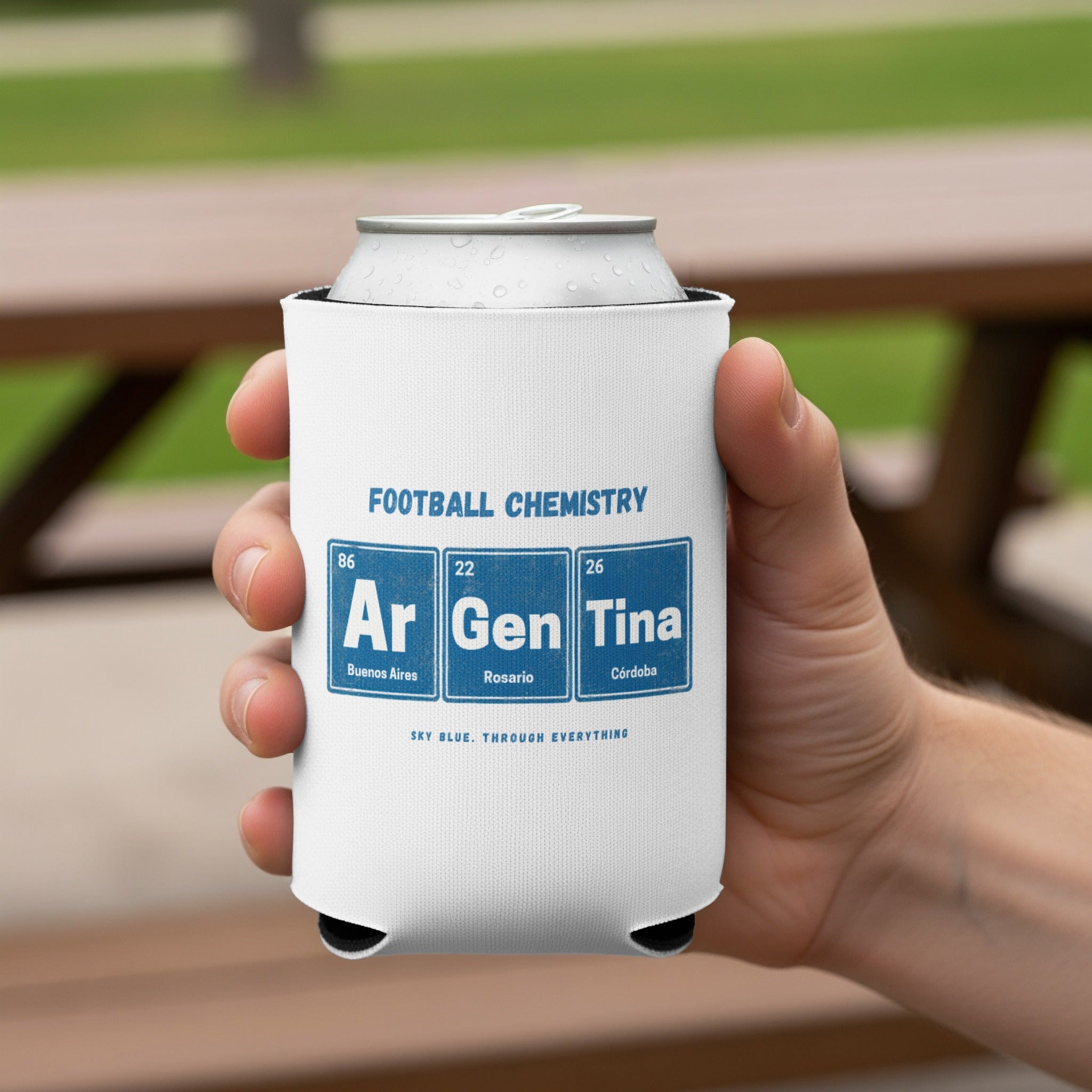 Can koozie with periodic table elements spelling "Argentina" and city names.