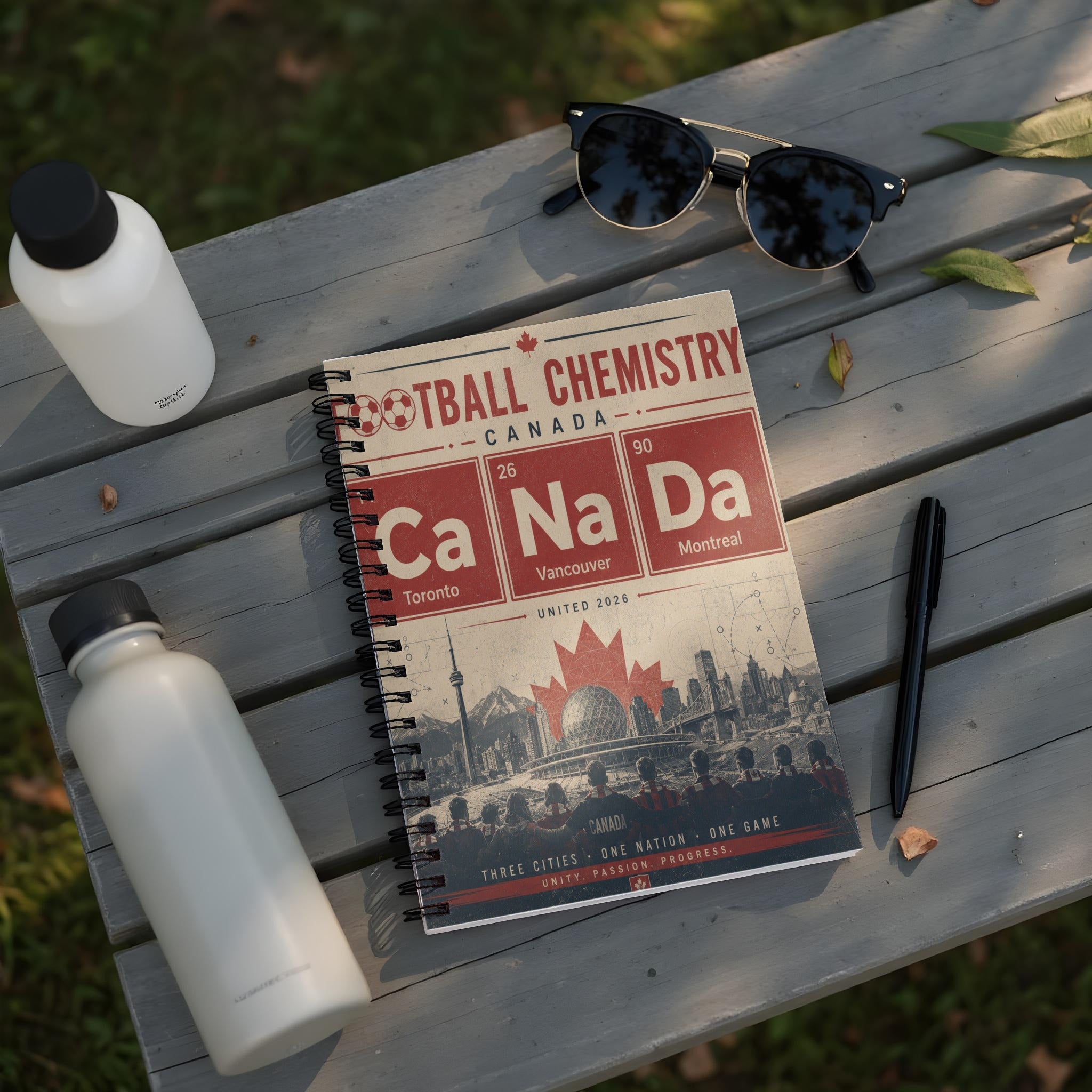 Notebook cover with "Football Chemistry Canada" and city elements.