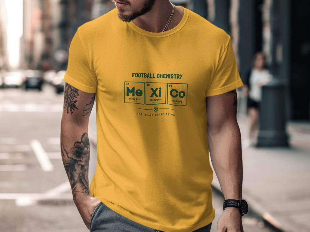 Yellow t-shirt with "Football Chemistry" and periodic table elements for Mexico City, Guadalajara, Monterrey.