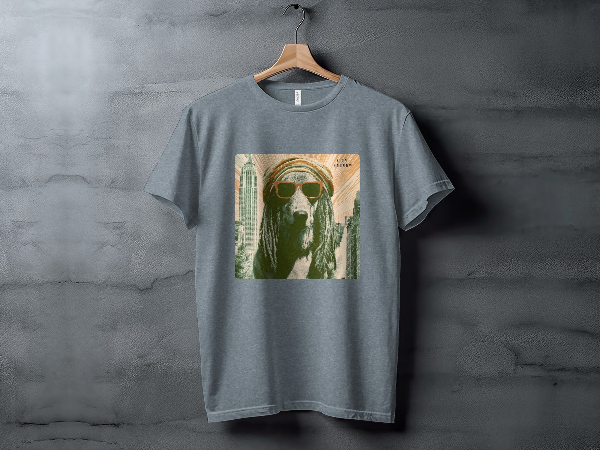 T-shirt with graphic of a dog wearing sunglasses in front of a cityscape.