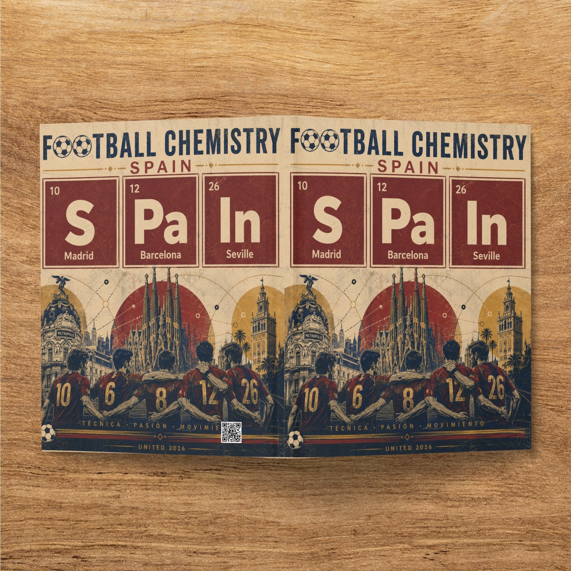 Periodic table elements for Spain, Madrid, Barcelona, and Seville, featuring stadium graphics.