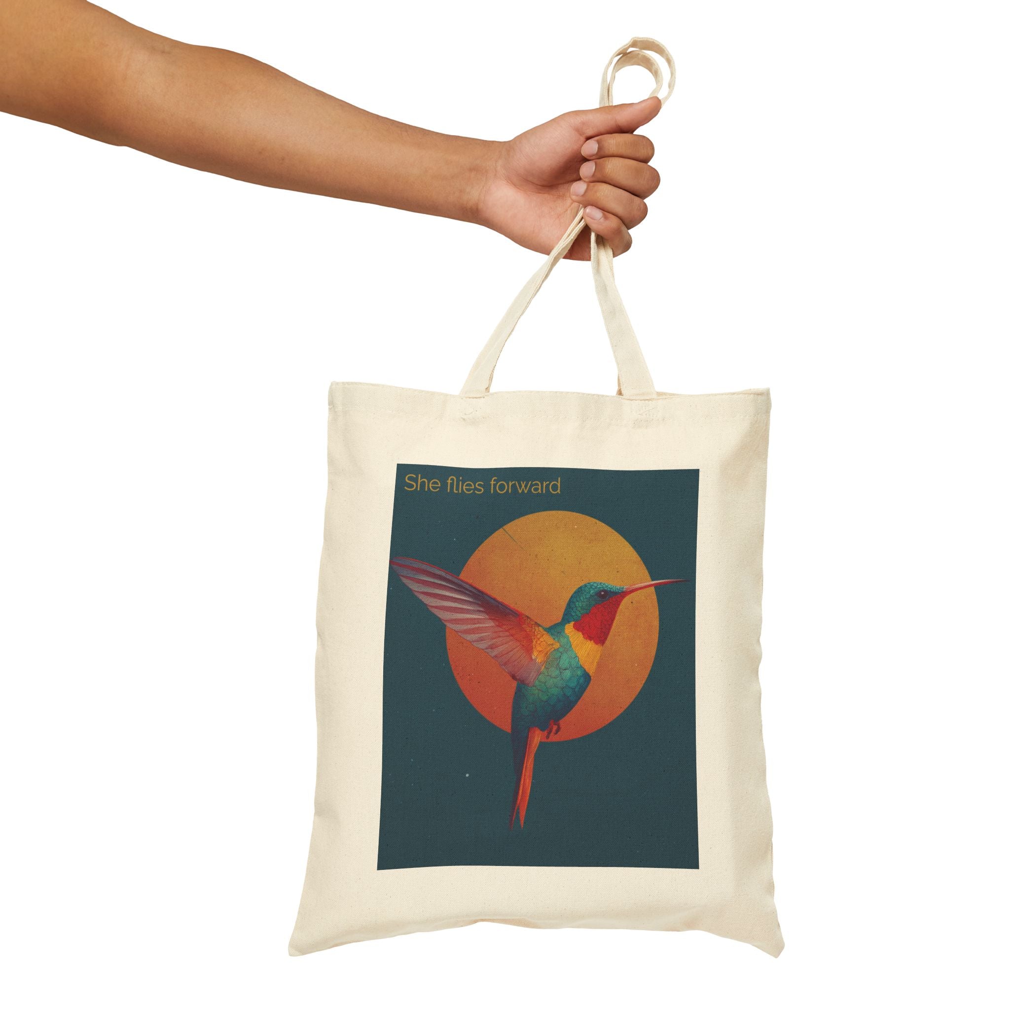 She Flies Forward Cotton Tote Bag | Motivational Graphic Solar Flight