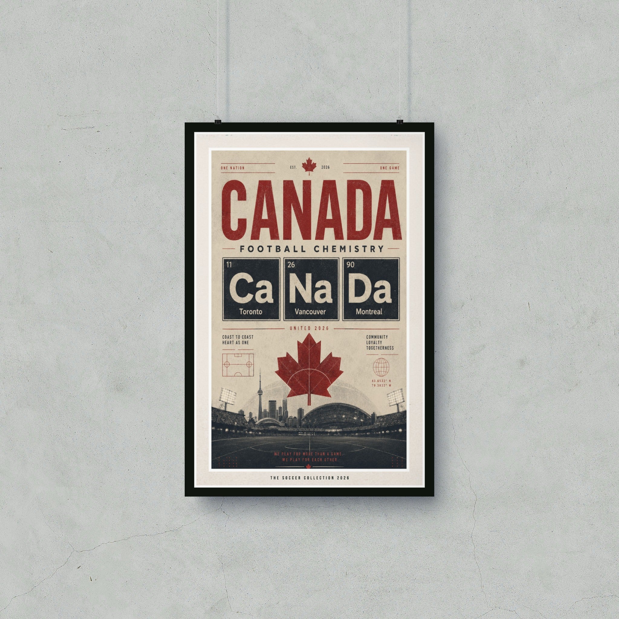 Canada Football Chemistry Periodic Table with city names and stadium silhouette.