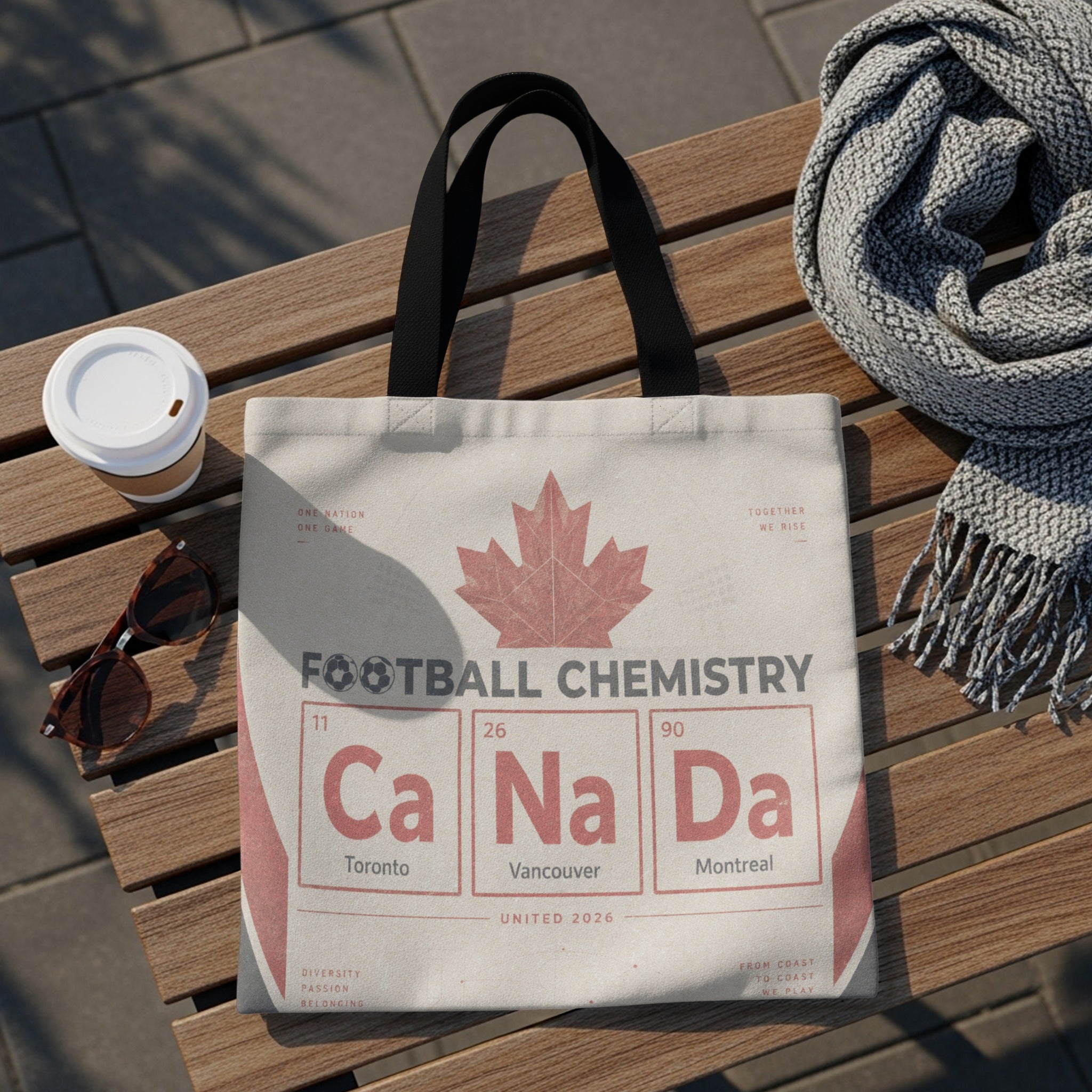 Canadian Football Chemistry tote bag with Toronto, Vancouver, Montreal.