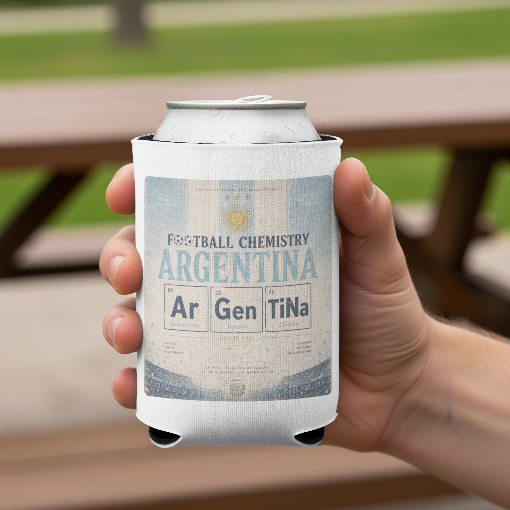 Can cooler featuring "Football Chemistry Argentina" design with periodic table elements.