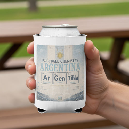 Can cooler featuring "Football Chemistry Argentina" design with periodic table elements.