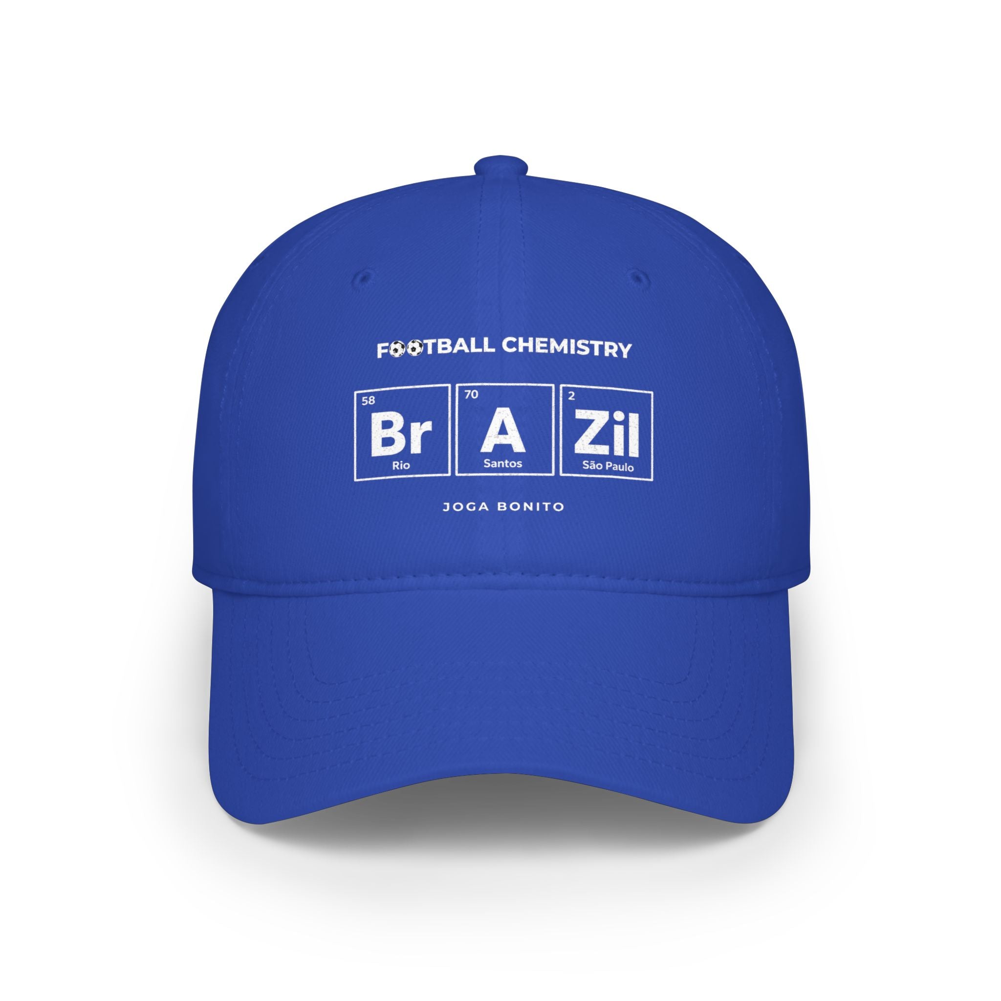 Blue baseball cap with "Football Chemistry" and "BRAZIL" in periodic table style.