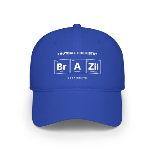 Blue baseball cap with "Football Chemistry" and "BRAZIL" in periodic table style.