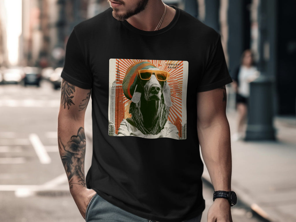Man wearing a black t-shirt with a graphic of a dog in sunglasses and a hat.