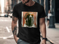 Man wearing a black t-shirt with a graphic of a dog in sunglasses and a hat.