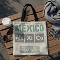 Tote bag with Mexico soccer theme, "Mexico" text, elemental symbols, and city names.