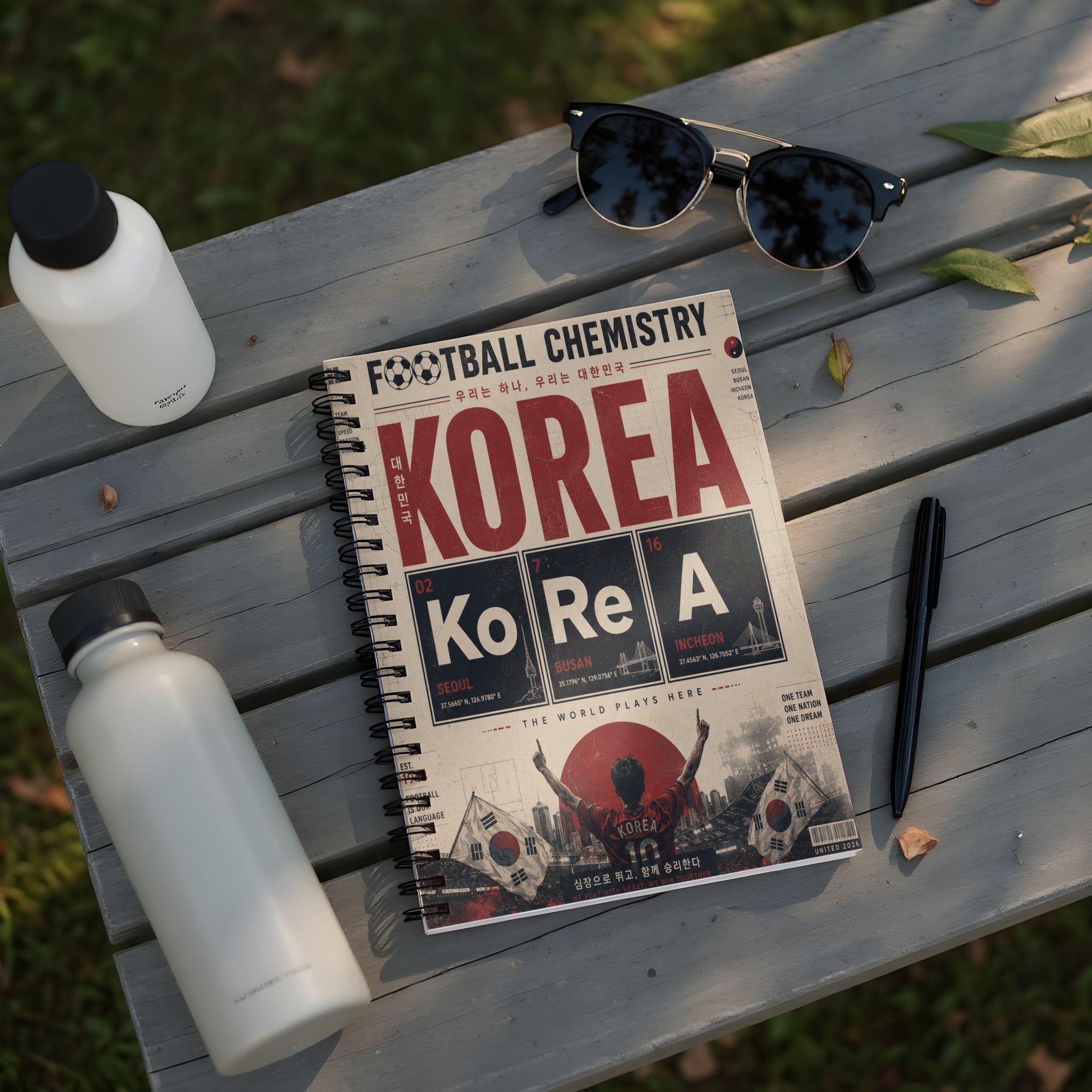 Notebook with "Football Chemistry" and "Korea" headlines, featuring Korean cities and flags.