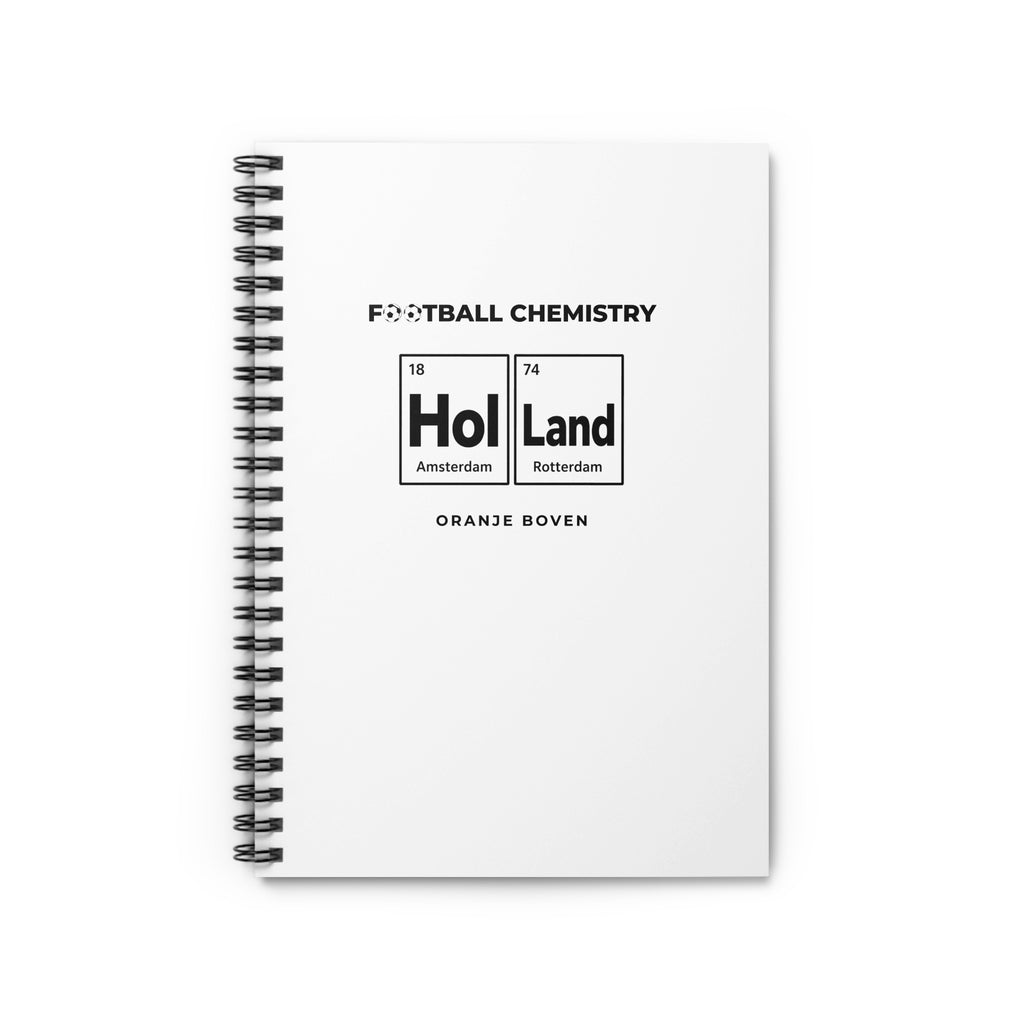Spiral notebook with "FOOTBALL CHEMISTRY" and "Hol Land" periodic table elements.