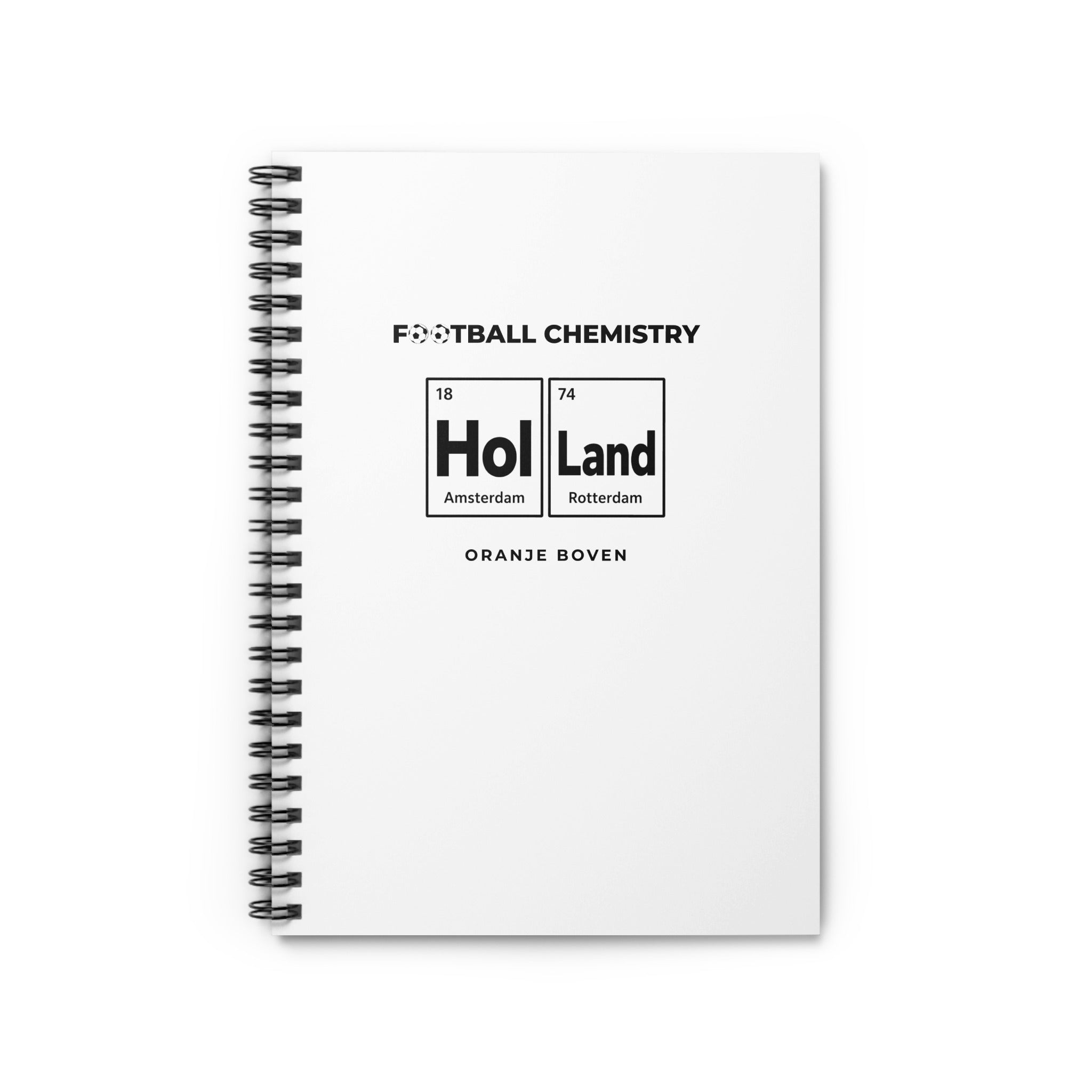 Spiral notebook with "FOOTBALL CHEMISTRY" and "Hol Land" periodic table elements.