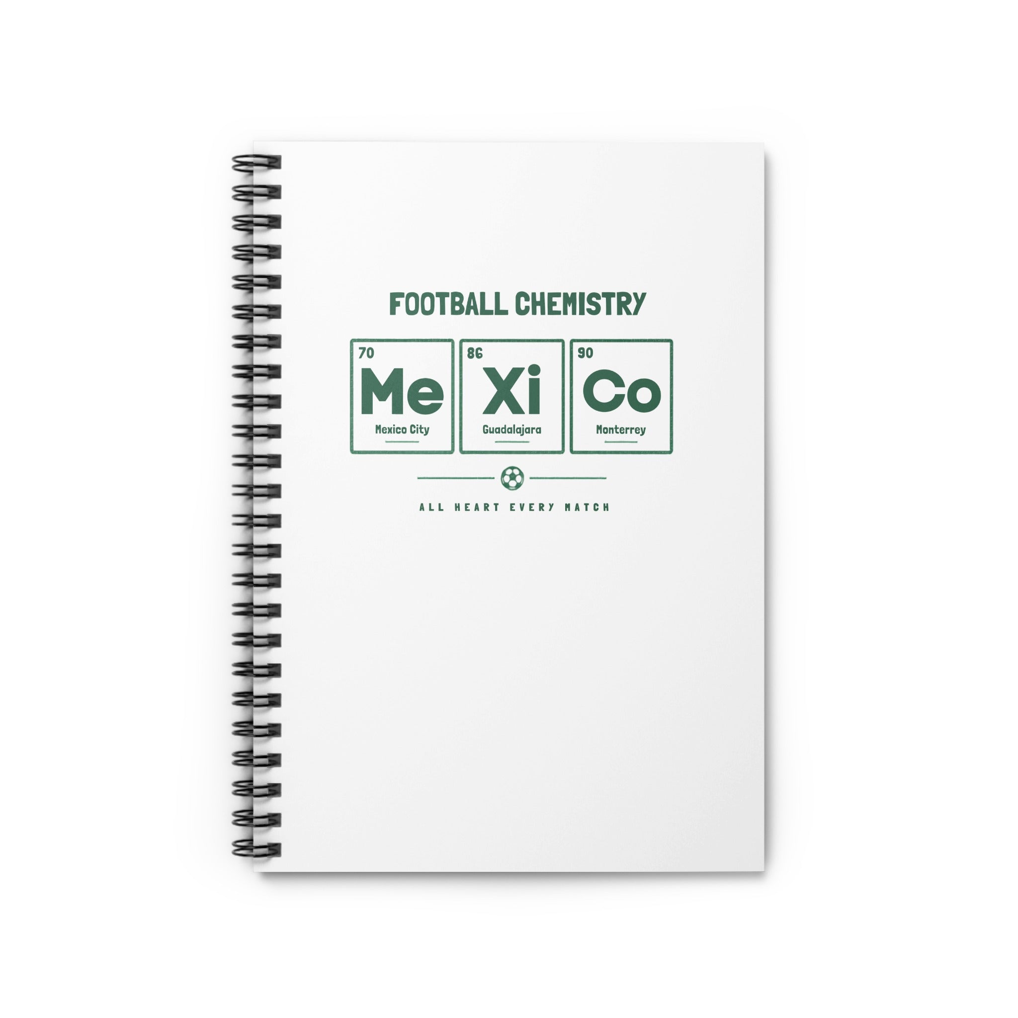 Notebook with "Football Chemistry" and cities: Mexico City, Guadalajara, Monterrey.