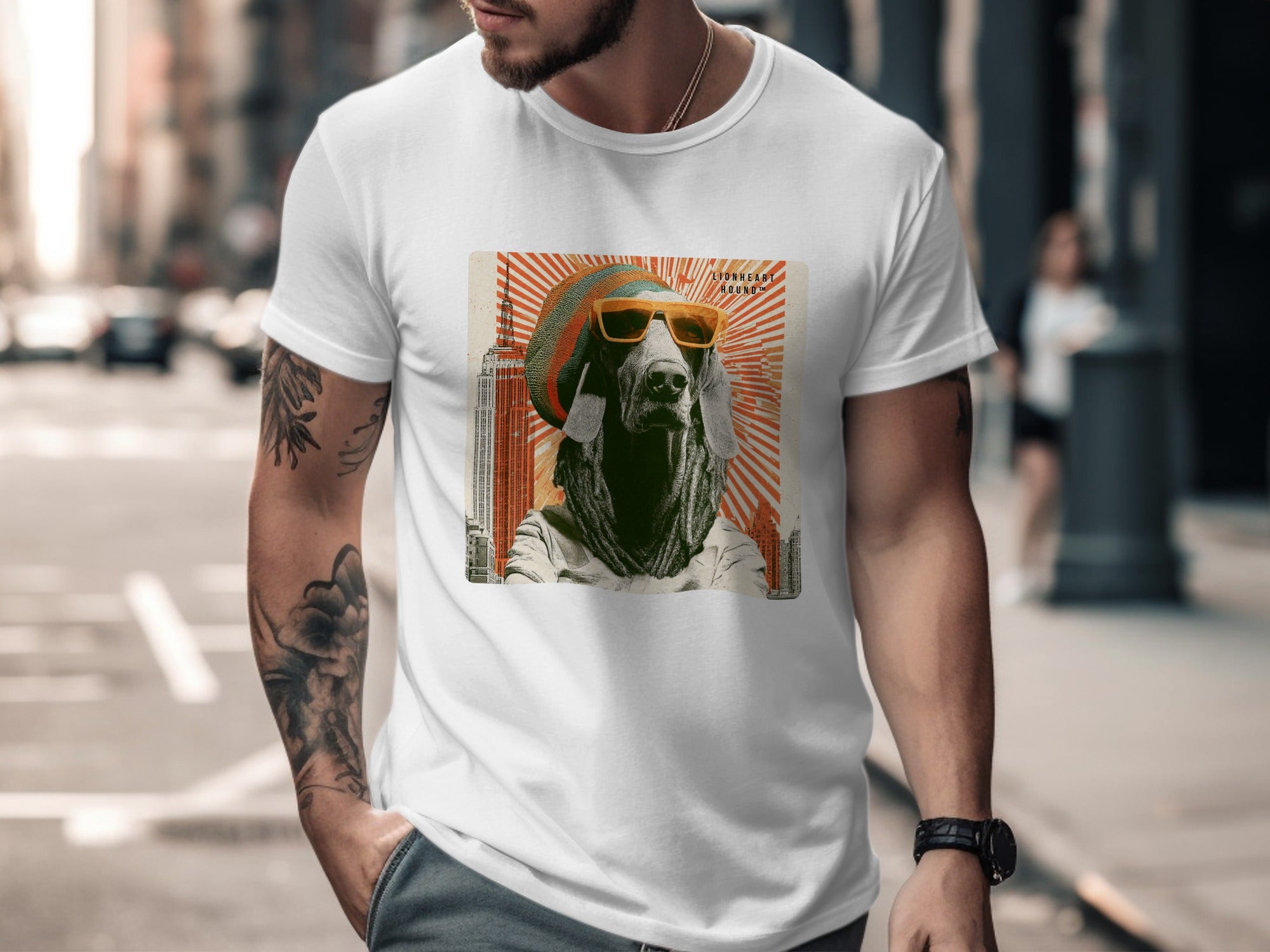 Dog wearing sunglasses and a hat, printed on a white t-shirt.