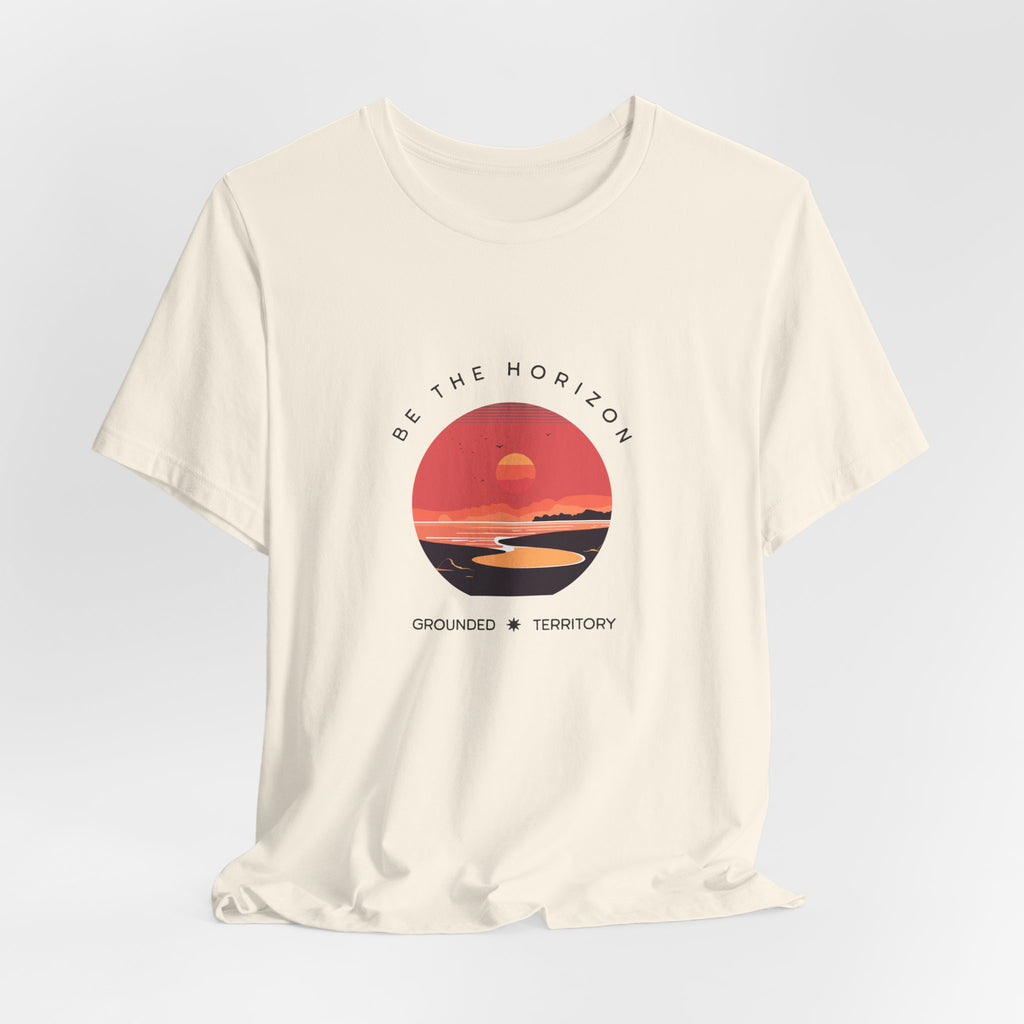 Be the horizon Line | Women's Motivational Graphic Circular Coral and Orange Sunset T-Shirt