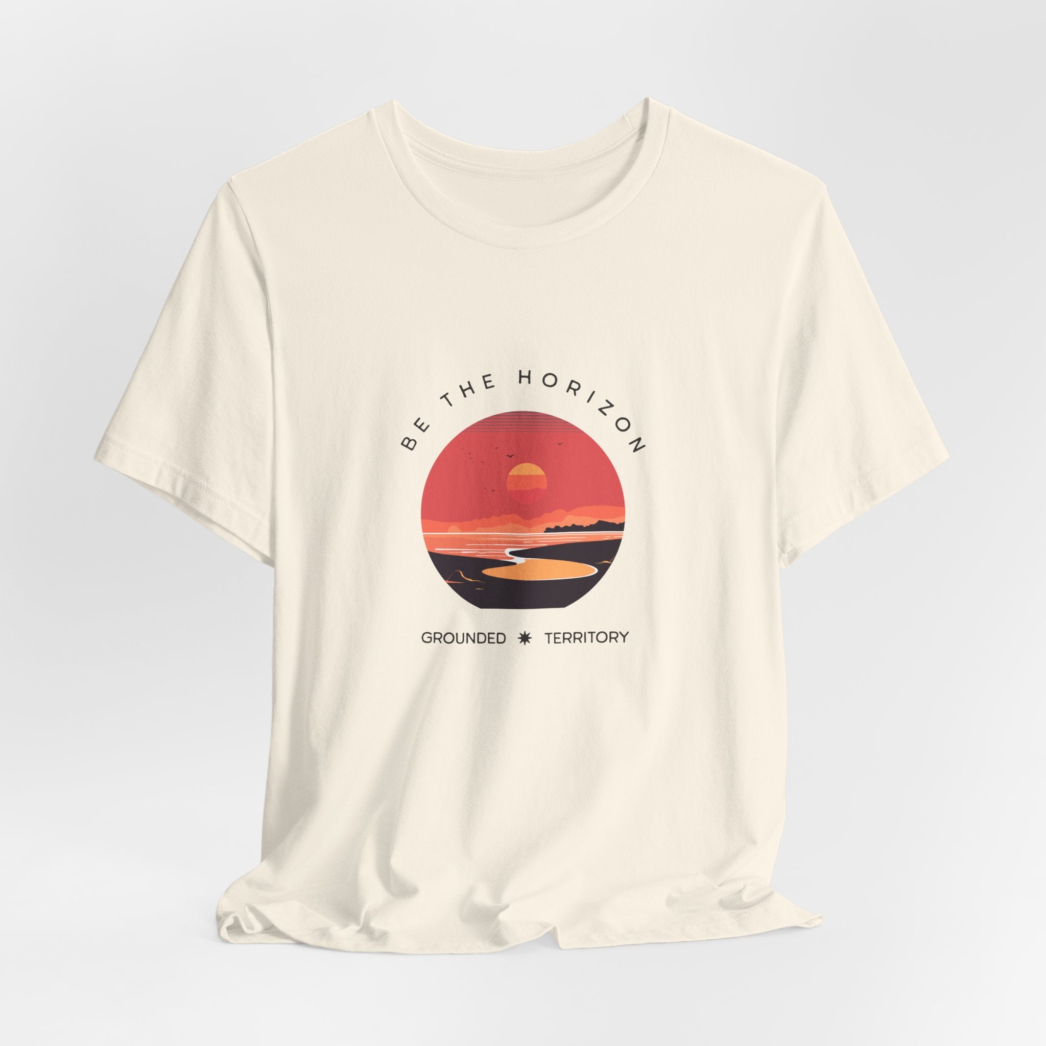 Be the horizon Line | Women's Motivational Graphic Circular Coral and Orange Sunset T-Shirt