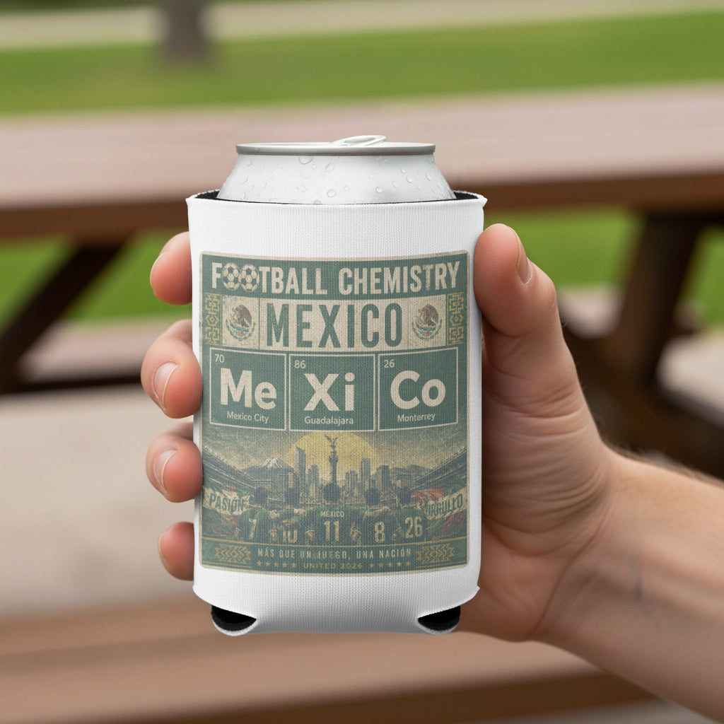 Football Chemistry Mexico can cooler with city names and a cityscape.