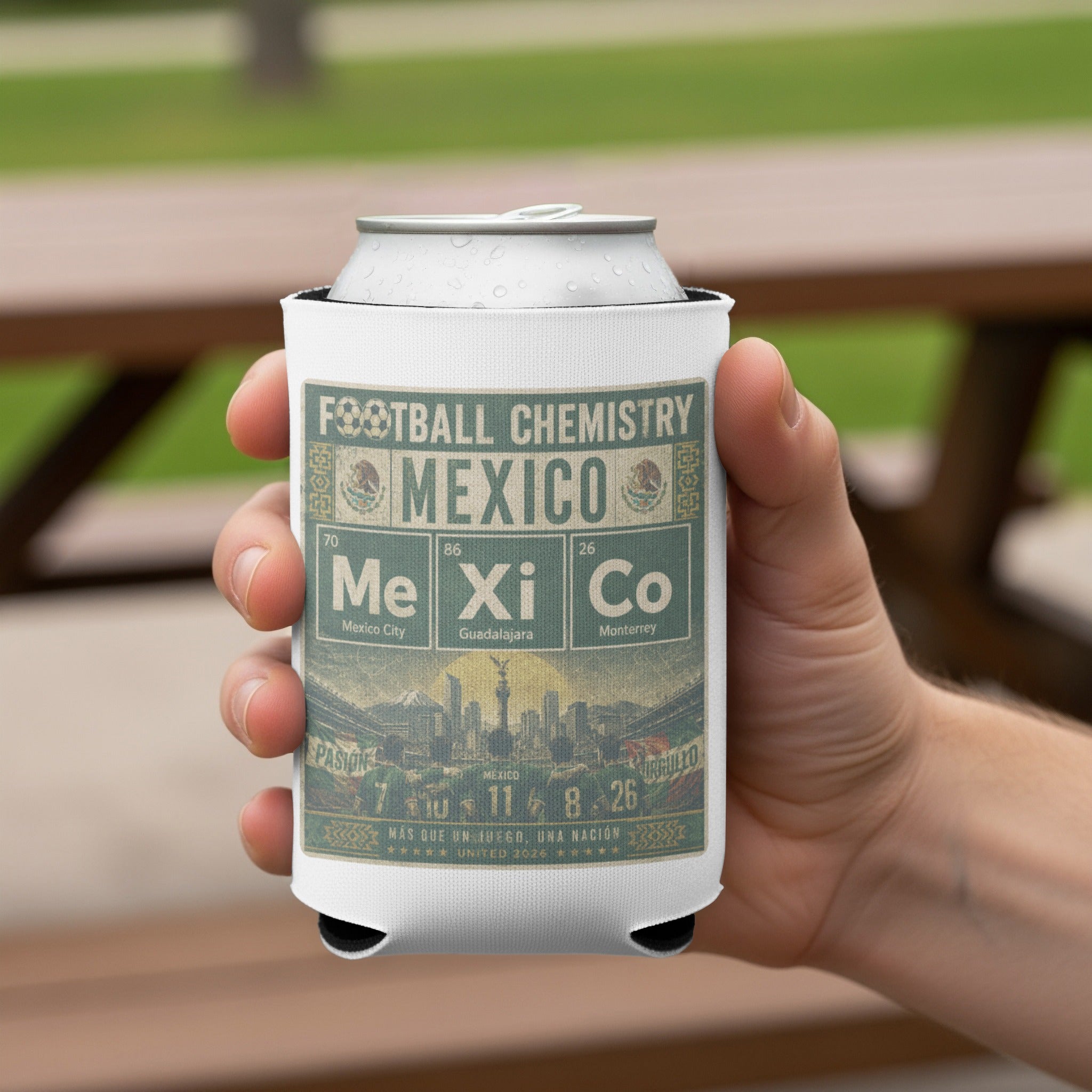 Football Chemistry Mexico can cooler with city names and a cityscape.