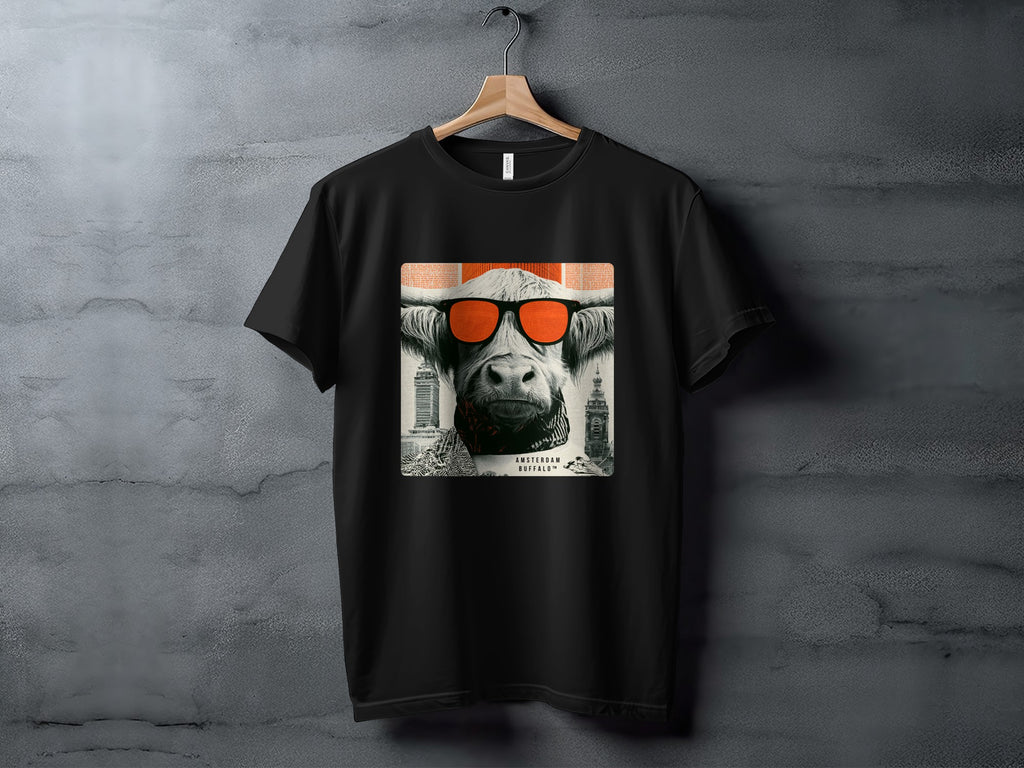 Black t-shirt featuring a bull wearing orange sunglasses with city skyline.
