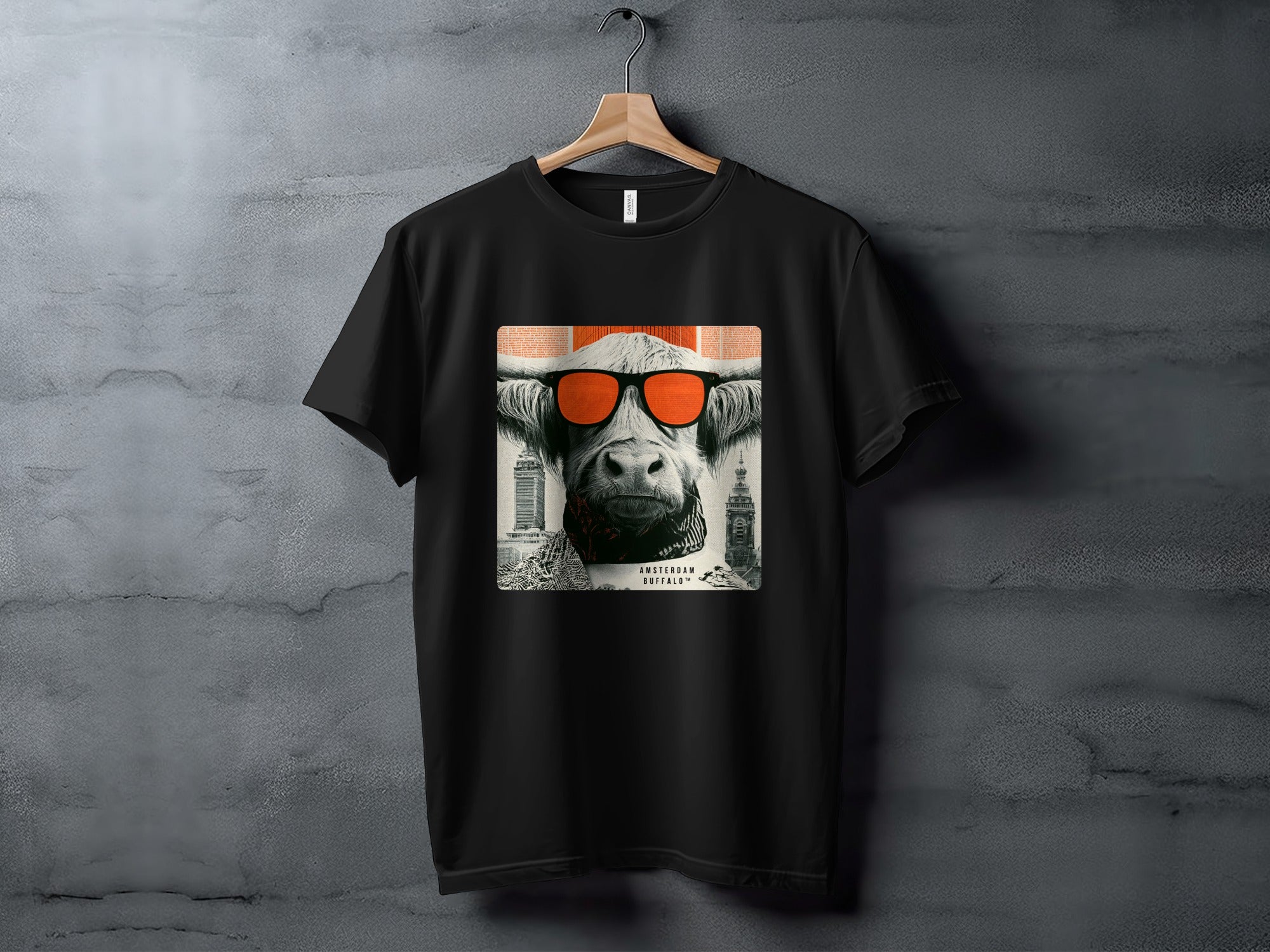 Black t-shirt featuring a bull wearing orange sunglasses with city skyline.
