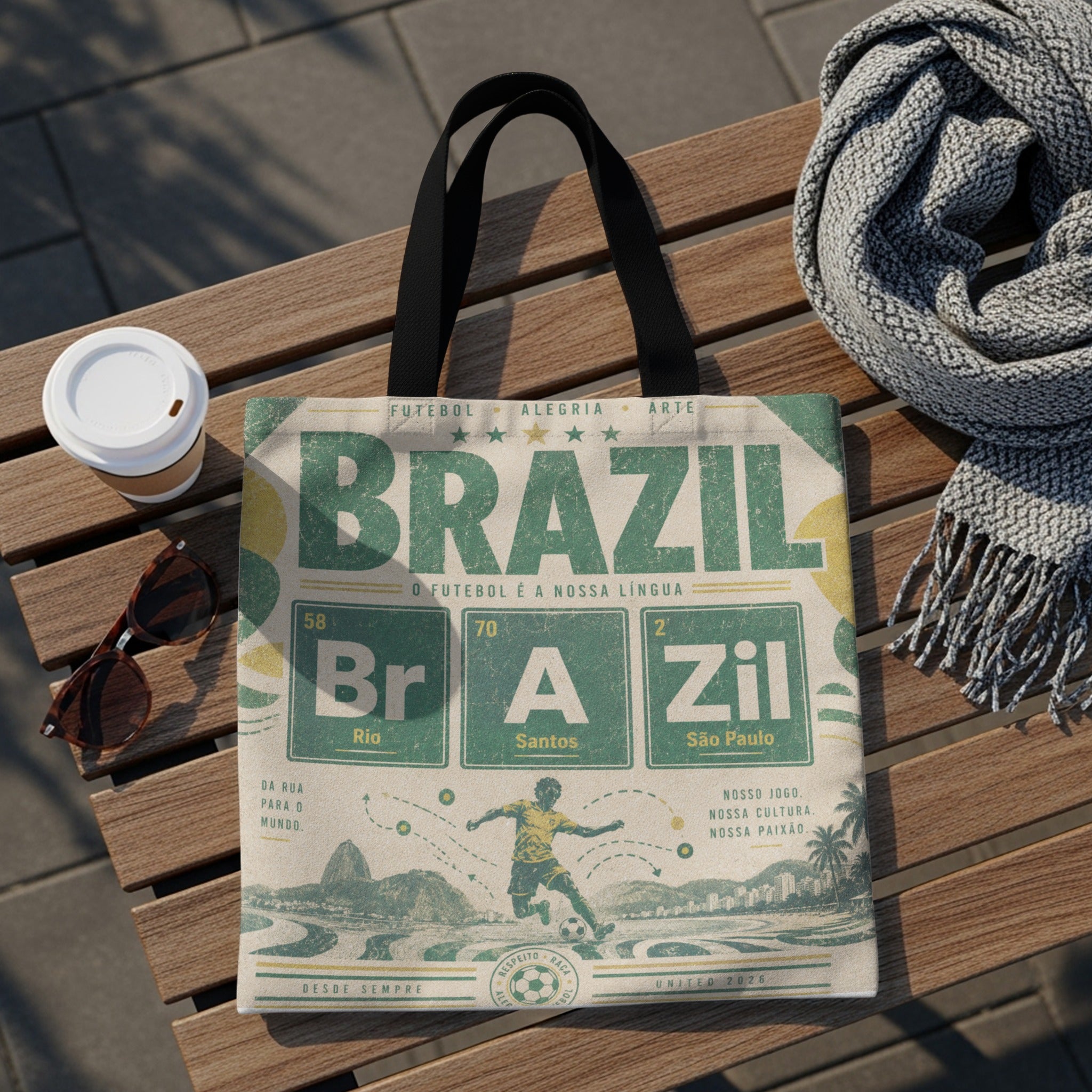 Tote bag with "BRAZIL" in large green letters and soccer imagery.