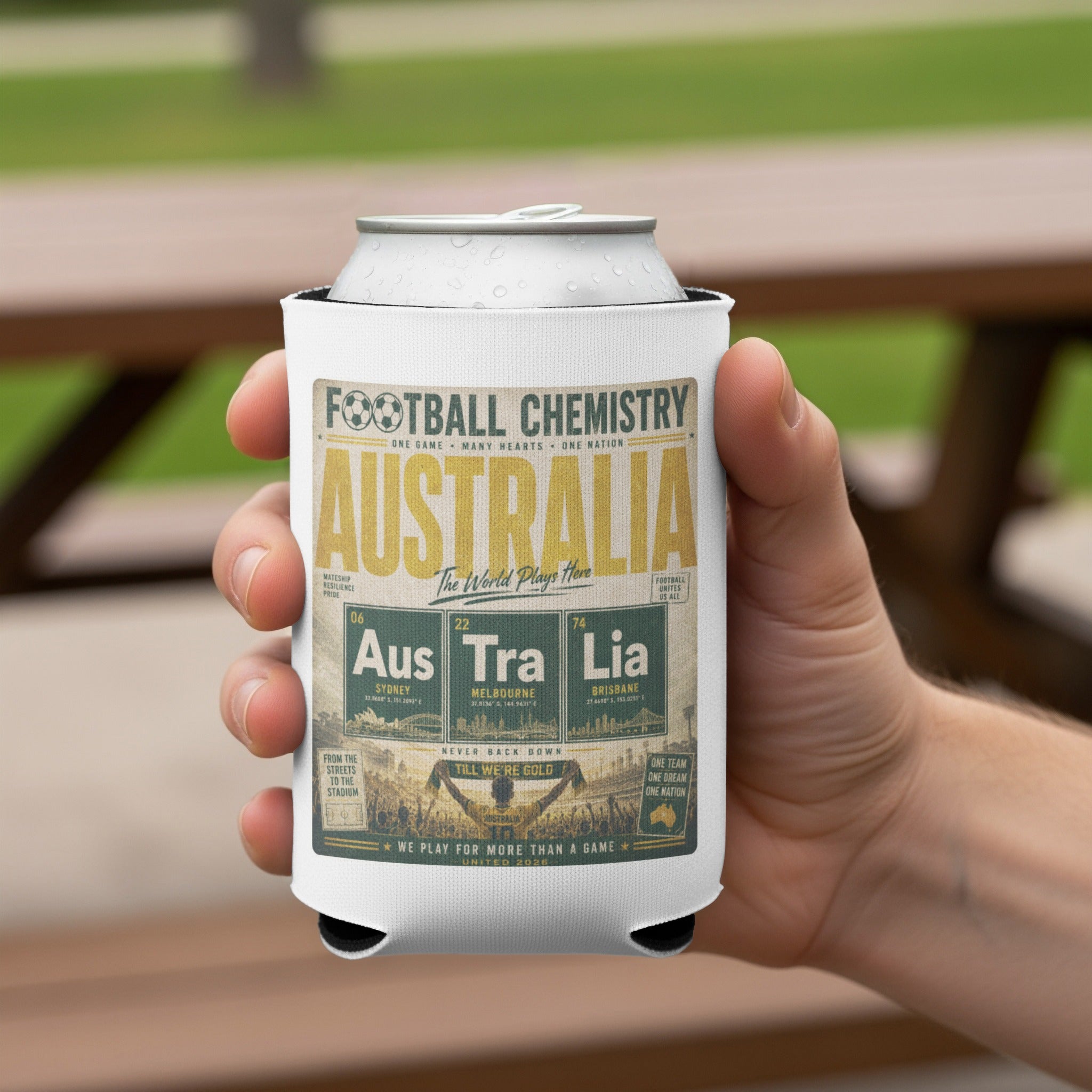 Football Chemistry Australia can cooler with city coordinates and national pride text.