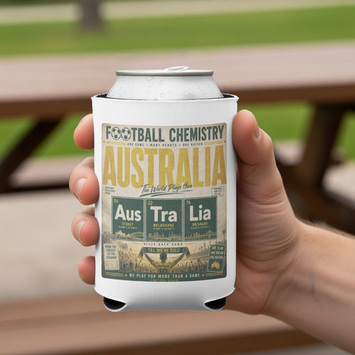Football Chemistry Australia can cooler with city coordinates and national pride text.